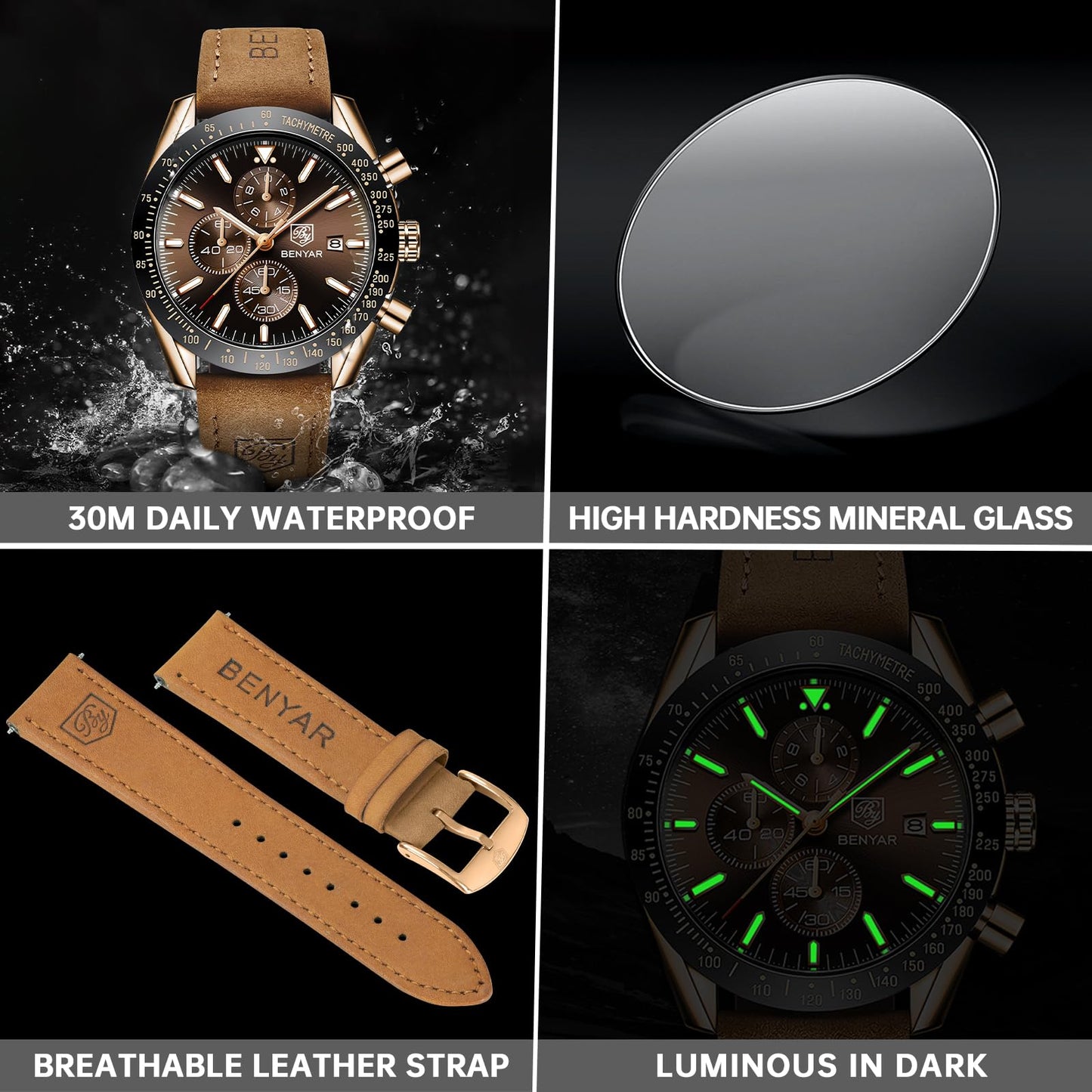 BENYAR Uhren Herren Chronograph Analog Quarz Braun Lederarmband Armbanduhr Herren Wasserdicht Leuchtende Datum Herrenuhr Mode Lässig Sport Business-Kleid Uhren fur Männer Elegantes Geschenk