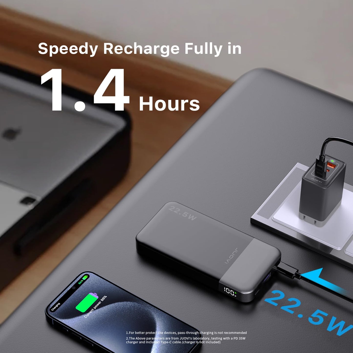 JUOVI Powerbank, 10.000 mAh, 22,5 W, schnelles Aufladen, kleines tragbares Ladegerät mit PD 3.0 & QC 3.0, USB C, schlankes, leichtes iPhone-Ladegerät, Dual-Ausgang, kompatibel mit iPhone 15, iPhone 14