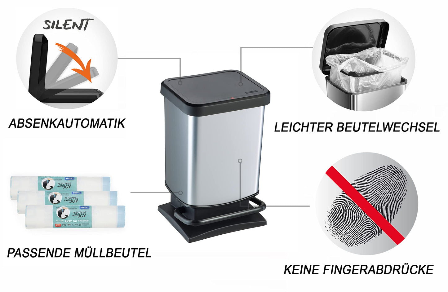 Rotho Paso Mülleimer 20l mit Deckel, Kunststoff (PP) BPA-frei, silbermetallic, 20l (29.3 x 26.6 x 45.7 cm), Silber