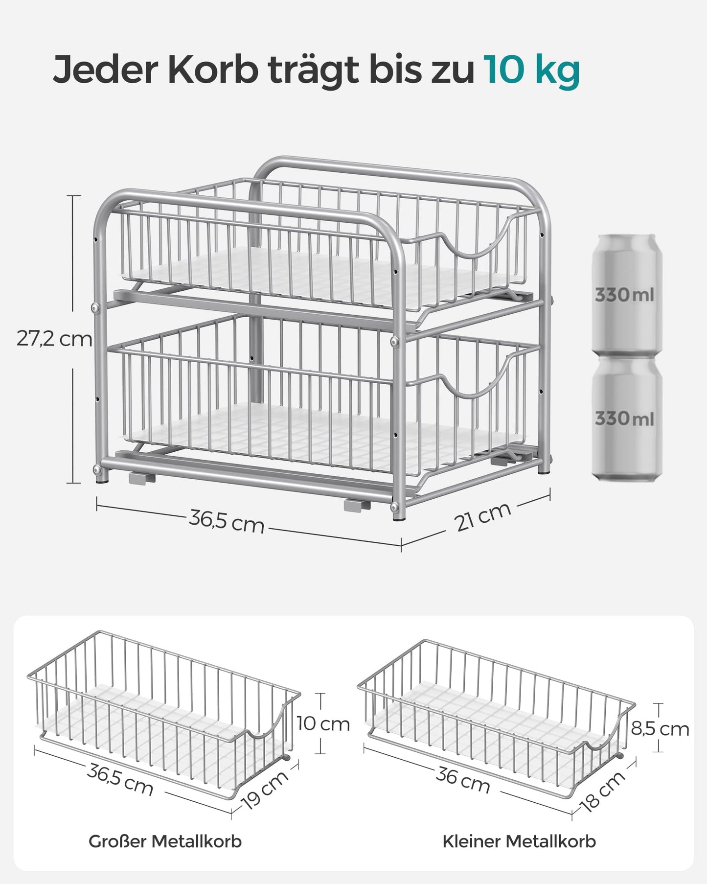 SONGMICS Küchenschrank Organizer, Küchenregal, Ordnungssystem, 2 Ebenen, stapelbar, erweiterbar, mit Metallkörben, für Küche, metallisches Silber KCS017E01