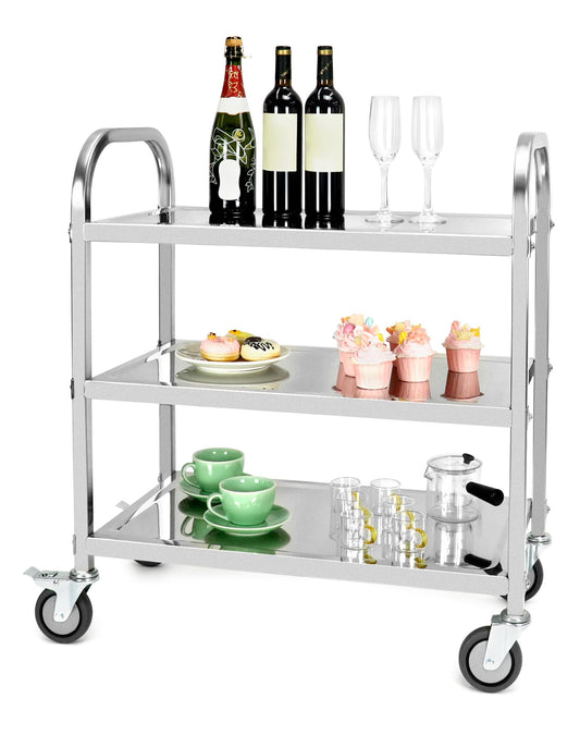 QWORK® 3-Etagen Edelstahl Servierwagen Teewagen Reinigungswagen mit Vibrationsarmen Bremse Lenkrollen für Küche, Hotel, Restaurant (75 x 40 x 83,5 cm)