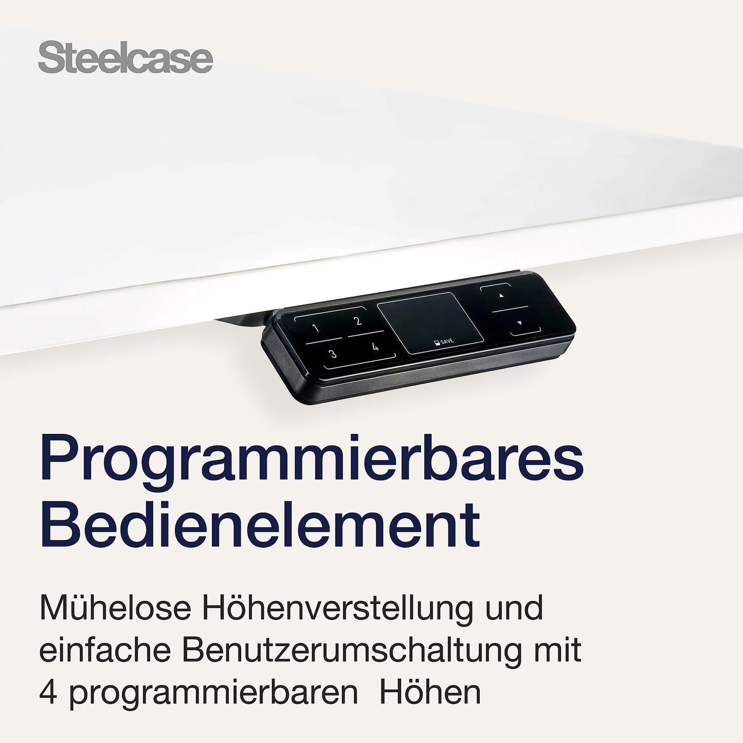 Steelcase Solo Elektromotorisch höhenverstellbarer Homeoffice-Schreibtisch, programmierbares Bedienpaneel, Antikollisionssensor und Kabelnetz, Tischplatte in Snow, Gestell in Pearl Snow