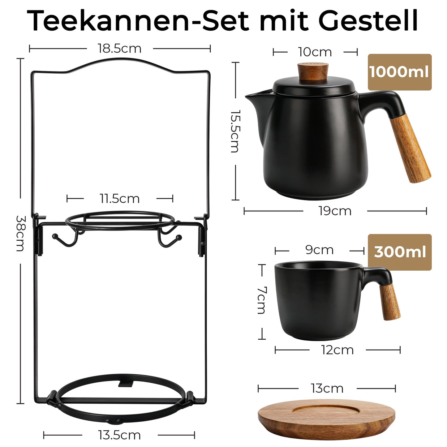 MIAMIO - 1 Liter Keramik-Teekanne-Set mit Siebeinsatz und Tassen/Teesieb, 4 Keramik-Teetassen (300 ml), Bambus-Untersetzer/Henkel für Haus und Büro (Schwarz)