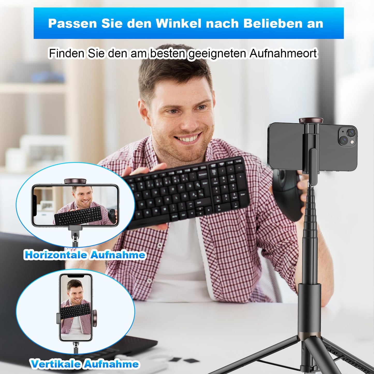 TONEOF 152CM Selfie Stick Stativ, Ausziehbar All-in-1 Handy Stativ aus Aluminium mit Kabelloser Fernbedienung und 9 Teleskopstange,Drehbar Handyhalter für iPhone/Android-Schwarz