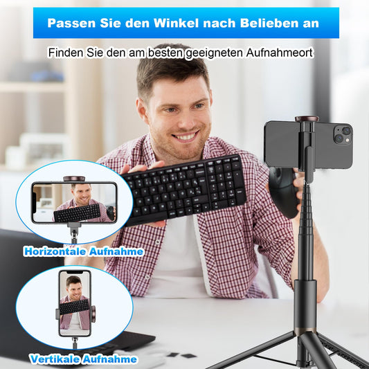 TONEOF 152CM Selfie Stick Stativ, Ausziehbar All-in-1 Handy Stativ aus Aluminium mit Kabelloser Fernbedienung und 9 Teleskopstange,Drehbar Handyhalter für iPhone/Android-Schwarz