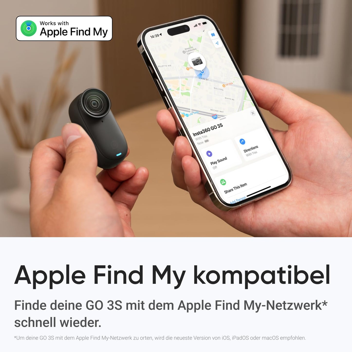 Insta360 GO 3S 128 GB - Tragbare 4K Mini-Kamera, Freihand-POVs, Überall anbringbar, Stabilisierung, 140 min Akku, 10 m wasserdicht, KI-Bearbeitung, Apple Find My, Schwarz, für Vlogs, Reisen, Outdoor