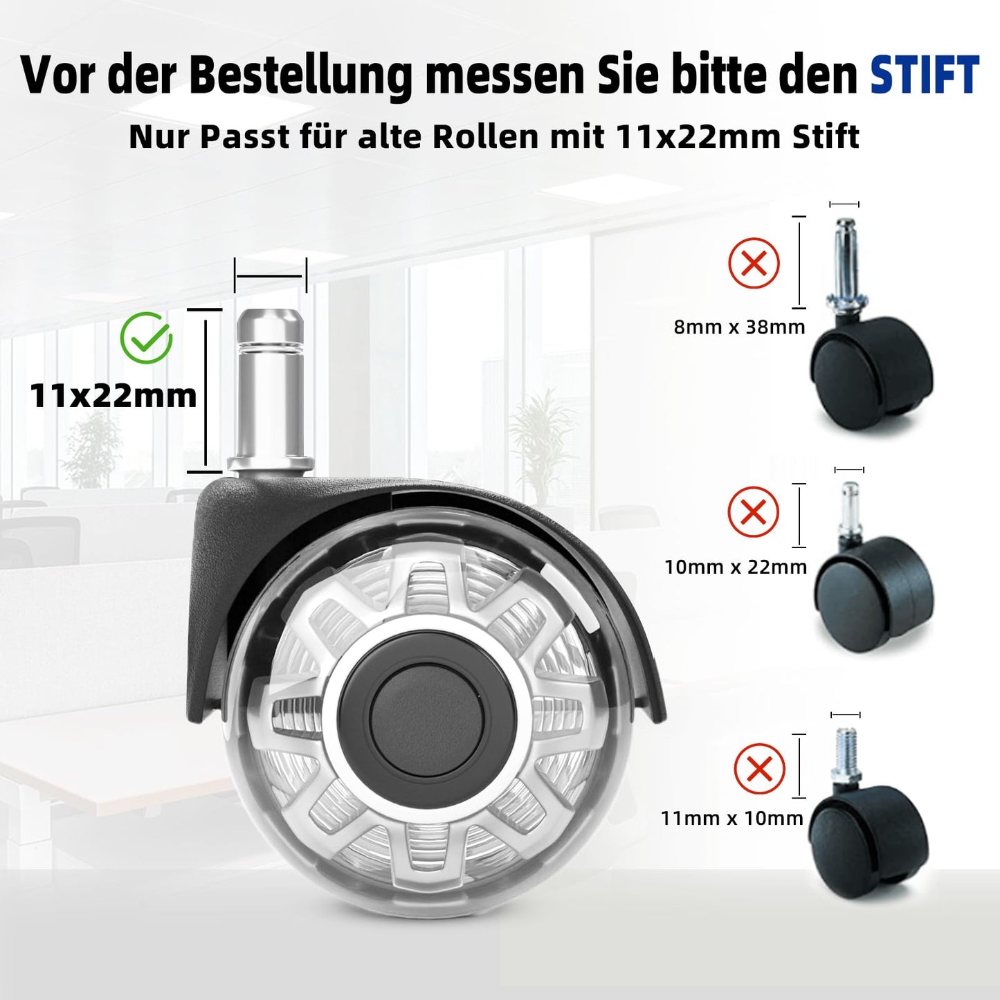 Sytopia Bürostuhl Rollen 11mm x 22 mm, 5er Set Rollen für Bürostühle, Super Leise und Weiche für Hartböden, Parkett, Teppich, Laminat, Keine Bodenschutzmatte Nötig (Passt nicht für 10mm Stift)