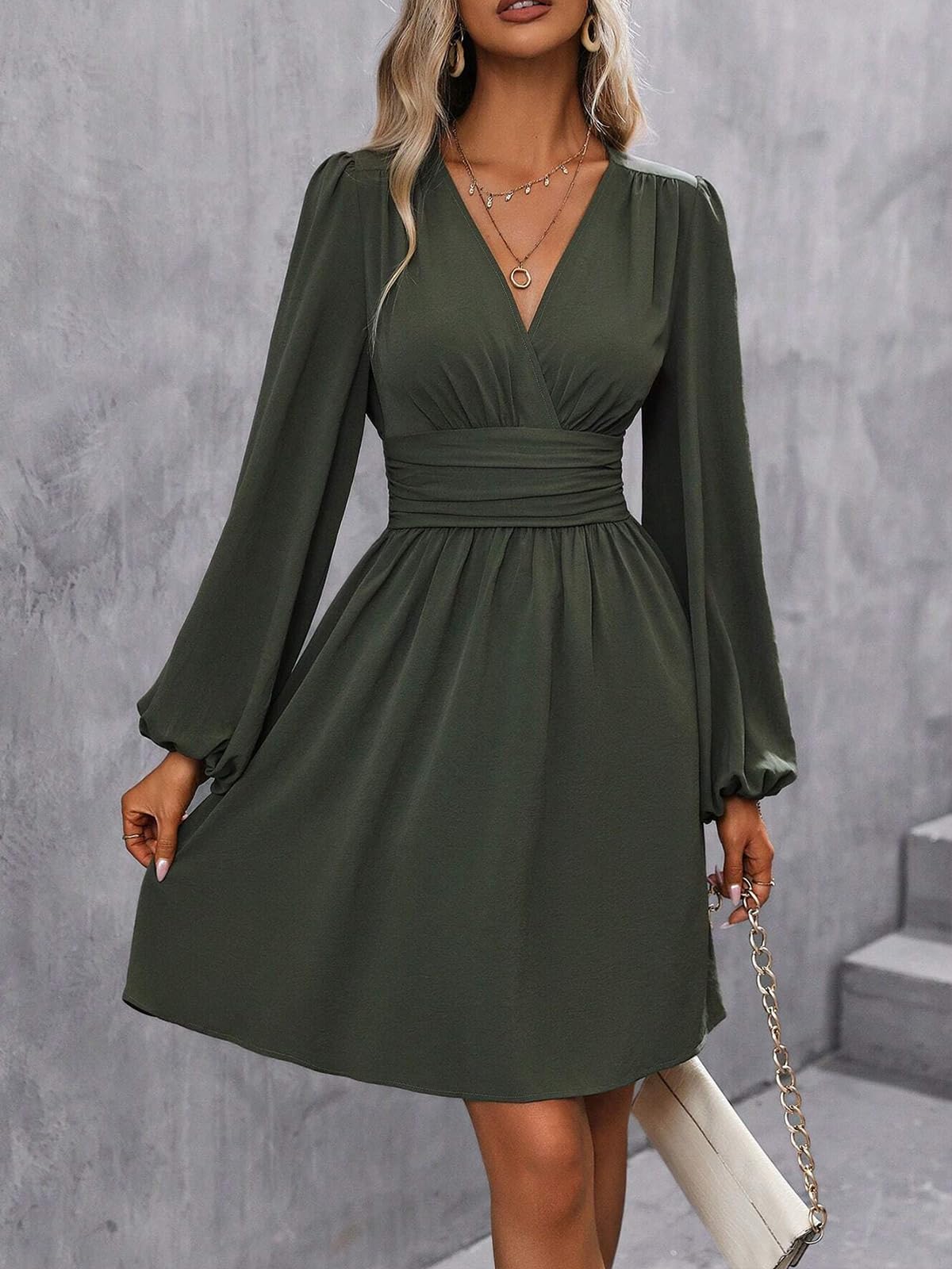 LIAMERHE Damen Elegant Kleid Langarm V-Ausschnitt Casual Kleider A-Linie Winterkleider Blumenmuster Minikleid Freizeitkleider Herbst Winter Laternenärmeln Kleid Partykleid Grün XL