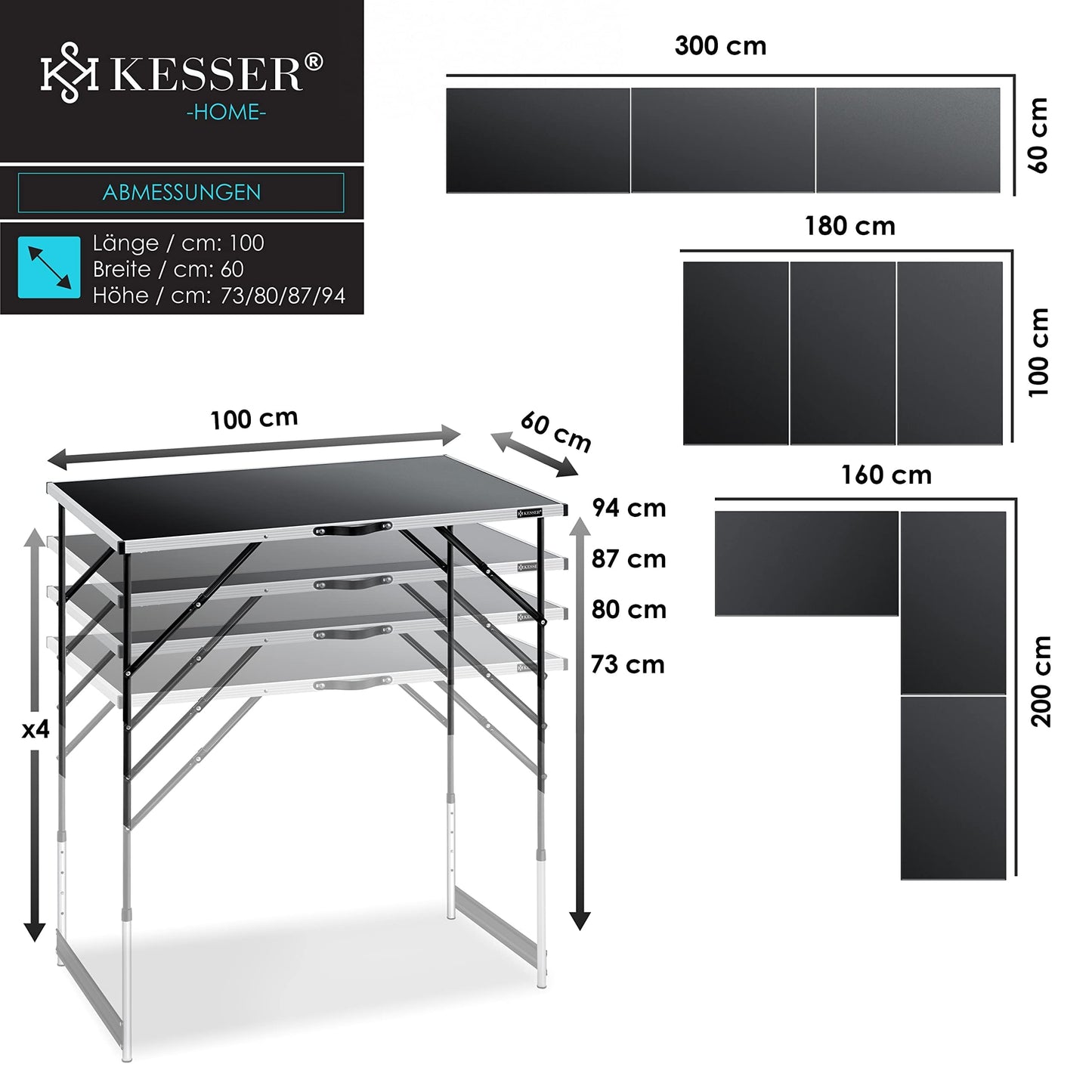 KESSER® Multifunktionstisch Profi 3- teilig, 100 x 60 cm, Tapeziertisch 30kg Tragkraft je Tisch Mit Ausziehfunktion Klapptisch Flohmarktisch Beistelltisch Mehrzwecktisch Campingtisch höhenverstellbar