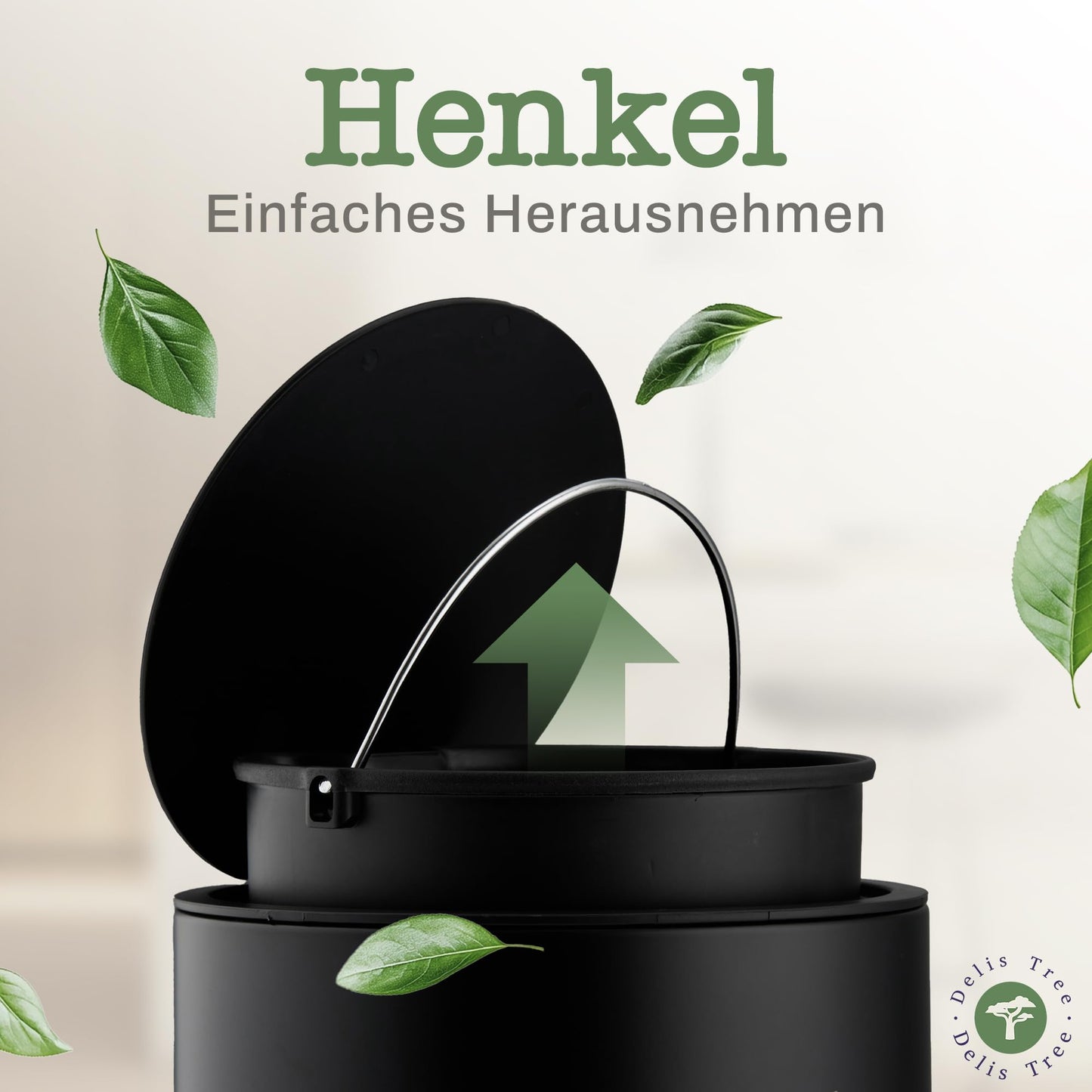 Delis Tree Mülleimer 5L, Tretmülleimer mit edlem Design & Softclose, Anti-Geruch Abfalleimer, für Bad Badezimmer Toilette Küche Büro, Müll Eimer Trash Haushalt Kosmetik Mülltonne Inneneimer (Schwarz)