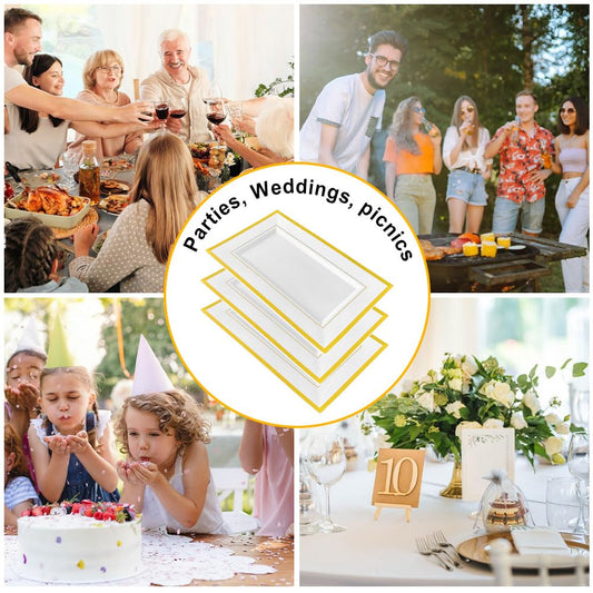 Lovesmile 6 Weiße Plastik Servierplatten, Buffet Platen, 33 * 20 * 1.5CM Servierplatten, Buffet Platen mit Goldrand, Anrichteplatte für Vorspeisen, Fingerfood, Catering, Geburtstage, Hochzeiten