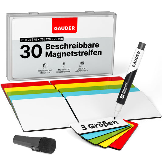 GAUDER Magnetstreifen beschreibbar | Magnetschilder zum Beschriften | Magnetkarten für Kanban Board, Whiteboard & Tafel
