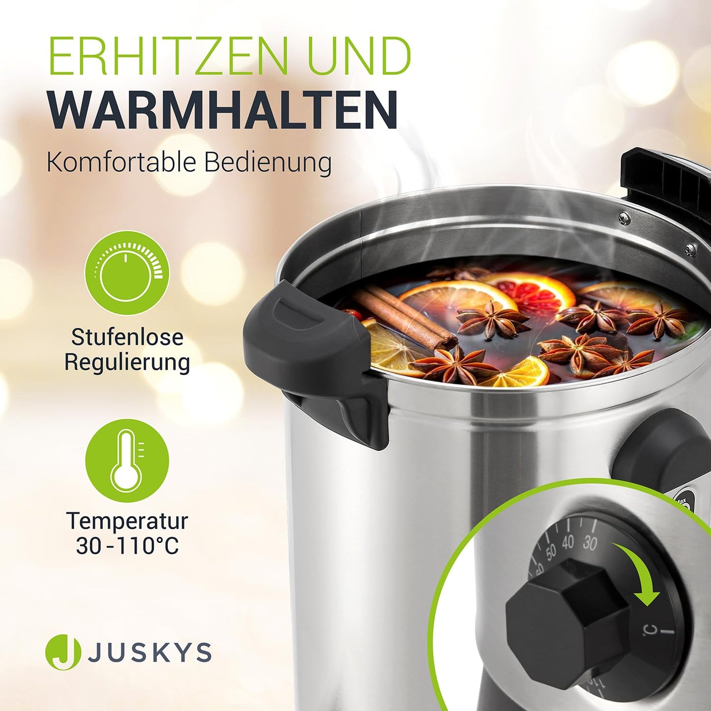 Juskys Teramo Glühweinkocher 10L, Edelstahl, 1500W, mit Zapfhahn, Thermostat 30-110°C, Heißgetränkespender für Glühwein und Punsch