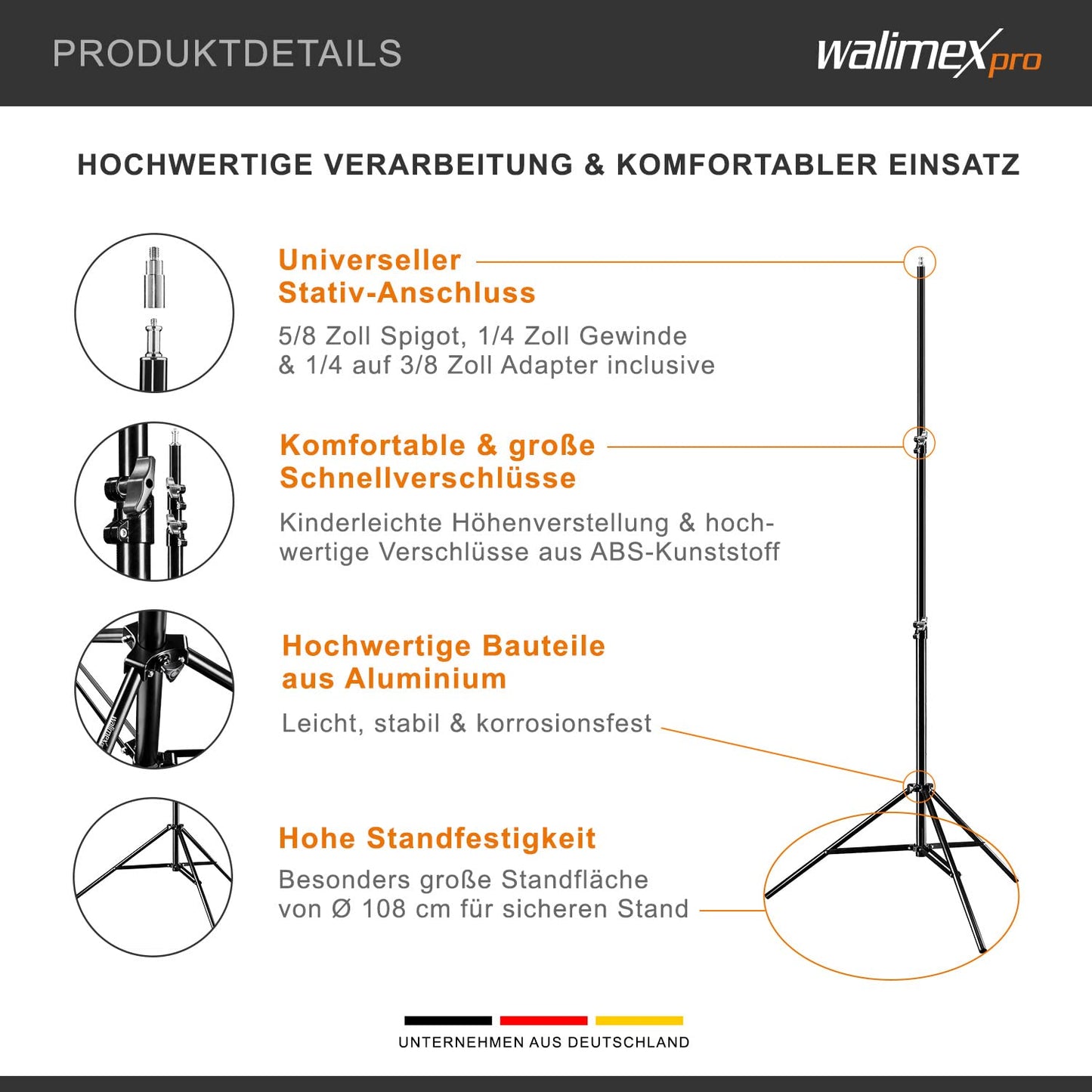 Walimex pro Lichtstativ WT-806 mit Federdämpfung I Höhe max. 256cm, sehr stabiles Lampenstativ belastbar bis 6kg, Beleuchtungsstativ für Ringlicht, Reflektor, Blitz & Video, inkl 3/8" Adapter & Tasche