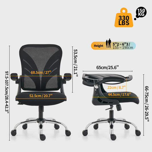 HOLLUDLE Ergonomischer Bürostuhl mit Klappbarer Rückenlehne, Schreibtischstuhl mit Erweitertem Sitz(52 cm), Hochklappbaren Armlehnen und Mesh Lendenwirbelstütze Drehstuhl Computerstuhl, Schwarz