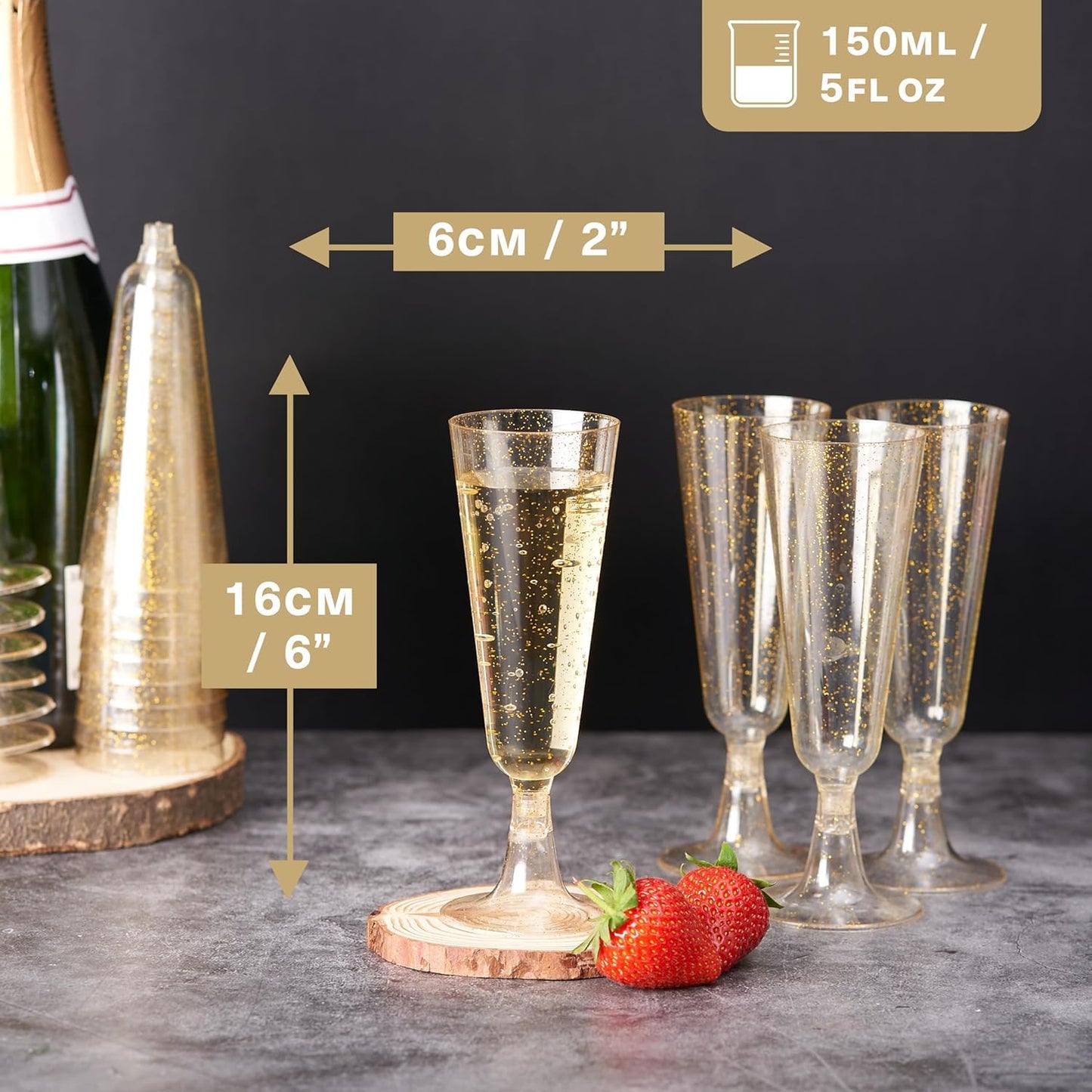 MATANA 50 Premium Sektgläser Plastik mit Goldglitter, 150ml - Sektgläser Mehrweg, Sektgläser Kunststoff, Champagner Gläser Plastik für Cocktail, Dessert - Plastik Sektgläser für Party, Hochzeit
