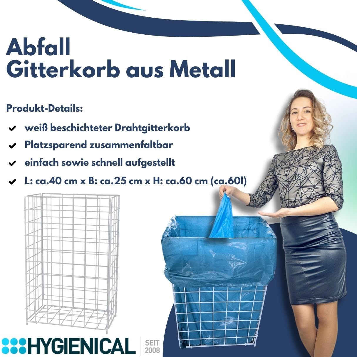 Hygienical Betriebsbedarf Gitterkorb für Müllbeutel, Metallgitterkorb, Wäschekorb, Gitterkorb Metall, ca. L: 40 x B: 25 x H: 62cm, weiß, 1 Stück