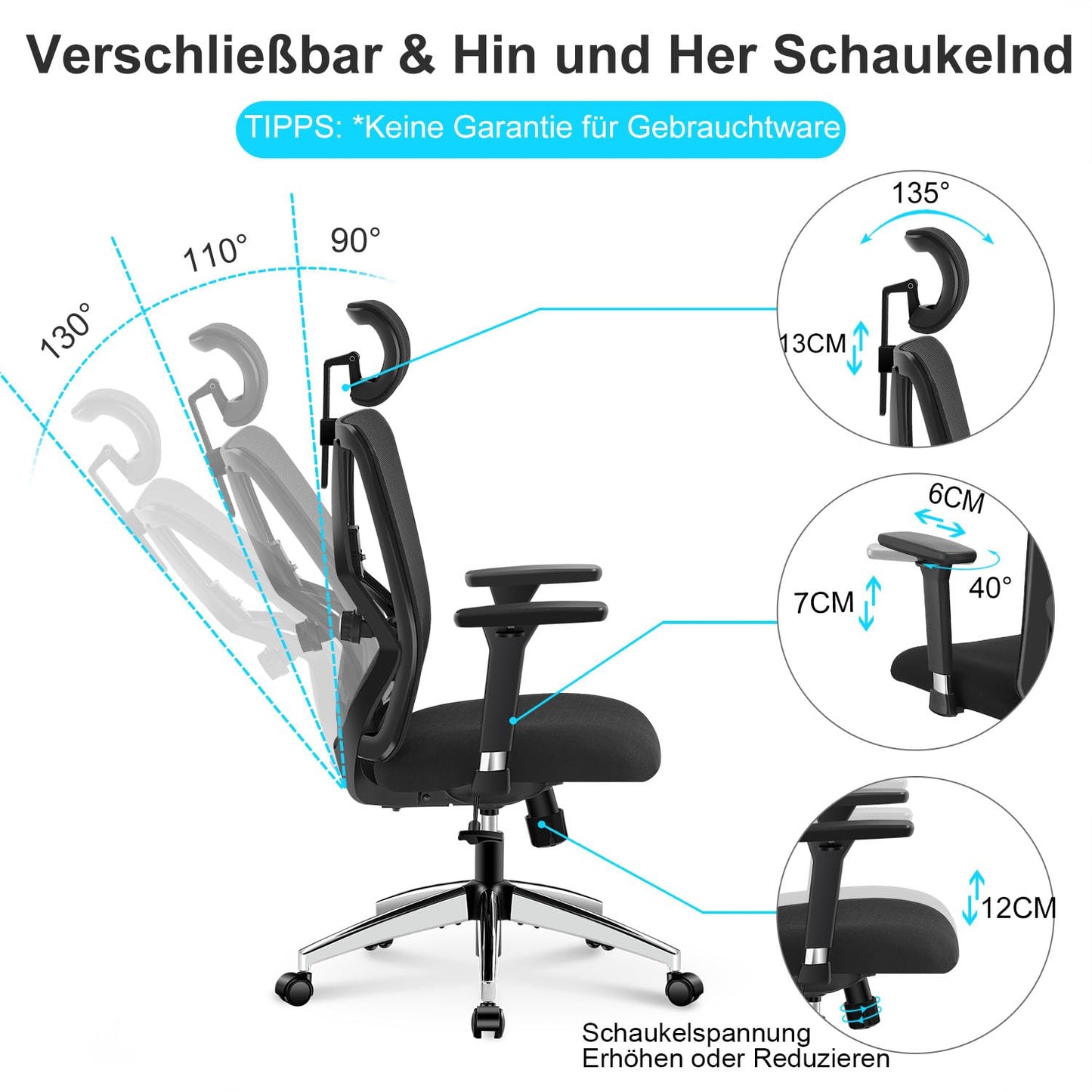 Ticova Bürostuhl Ergonomisch Schreibtischstuhl, Hoher Rücken Ergonomischer Stuhl mit Verstellbarer Lendenwirbelstütze, Kopfstütze & 3D-Metallarmlehne - 130° Schaukeln Computerstuhl