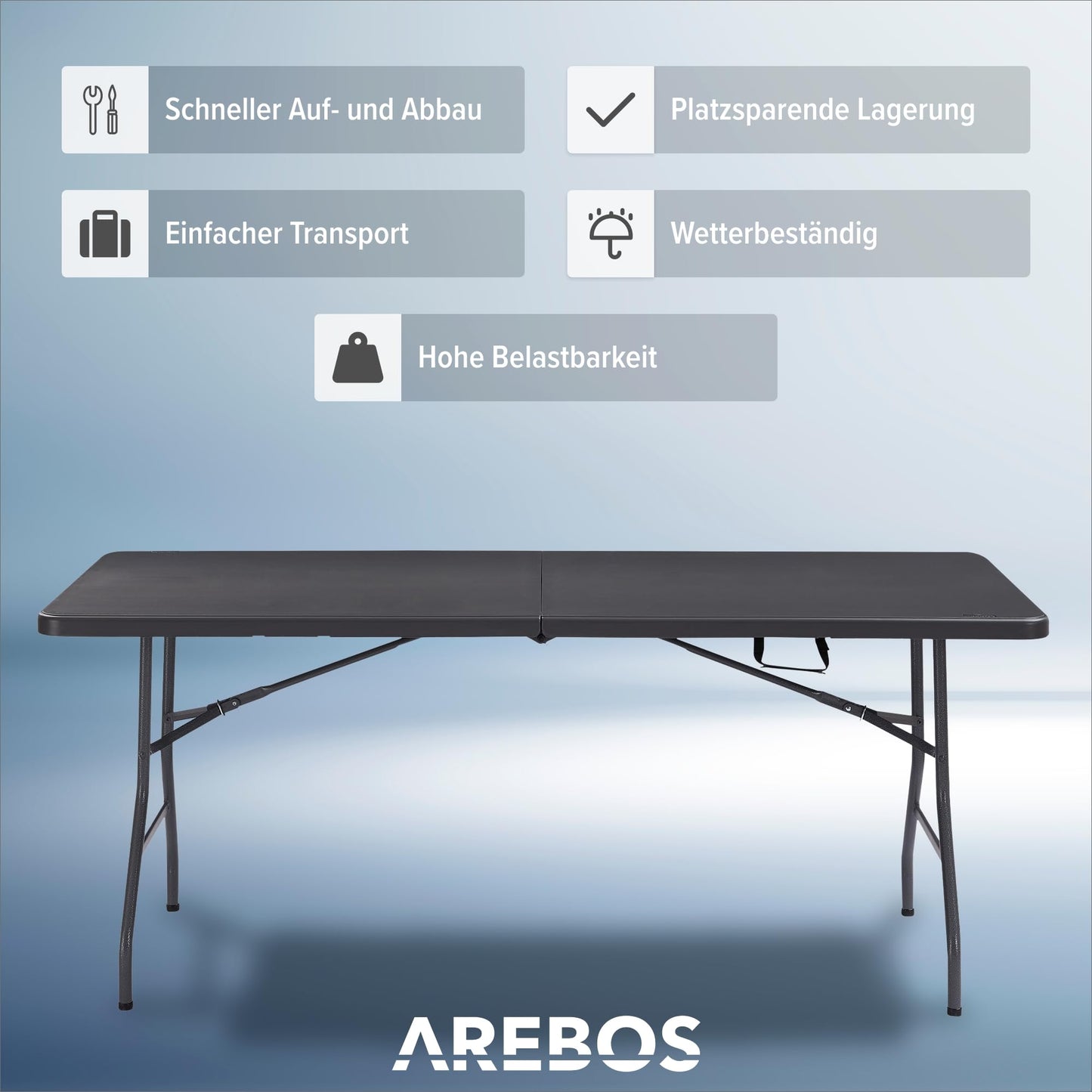 Arebos Buffettisch zusammenklappbar 182 x 74 x 74 cm Wetterfest Gartentisch Partytisch Klapptisch für Garten Terrasse und Balkon | 8 Personen | Campingtisch mit Tragegriff | Anthrazit