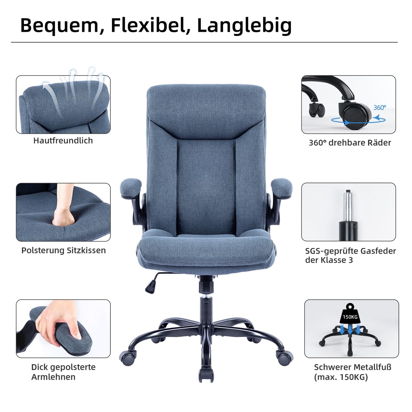 MZLEE Ergonomischer Bürostuhl Computerstuhl Schreibtischstuhl Drehbarer Arbeitsstuhl mit hochklappbarer Armlehne, höhenverstellbar, Bequem für Büro Heim Gaming (Navy blau)