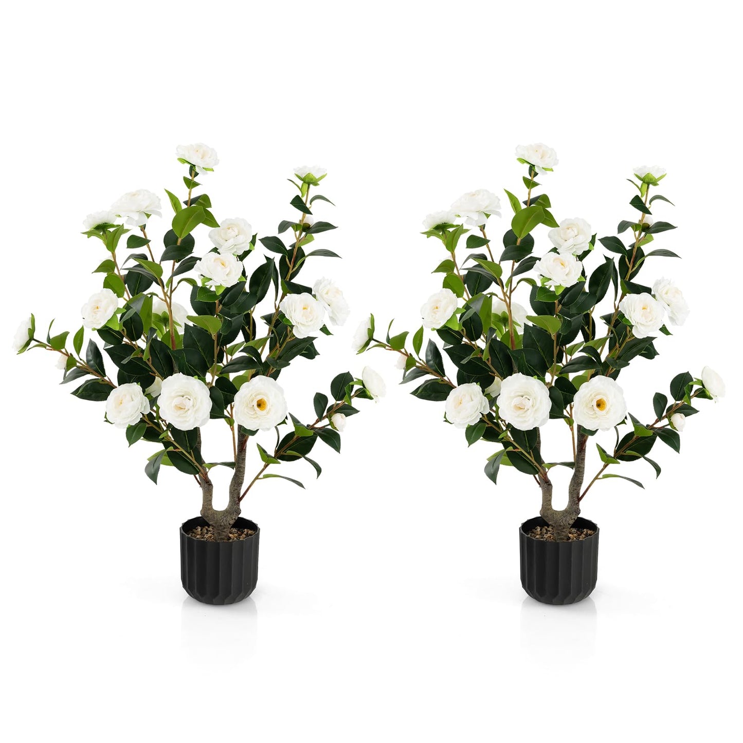 COSTWAY 2er Set Kunstbaum mit Blüten 95cm, Künstlicher Kamelienbaum, Kunstpflanze im Topf, Kamelienpflanze mit 24 Blüten & natürlicher Stamm, Kunstblume Zuhause, Zimmerpflanze Dekopflanze (2, Weiß)
