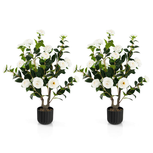 COSTWAY 2er Set Kunstbaum mit Blüten 95cm, Künstlicher Kamelienbaum, Kunstpflanze im Topf, Kamelienpflanze mit 24 Blüten & natürlicher Stamm, Kunstblume Zuhause, Zimmerpflanze Dekopflanze (2, Weiß)