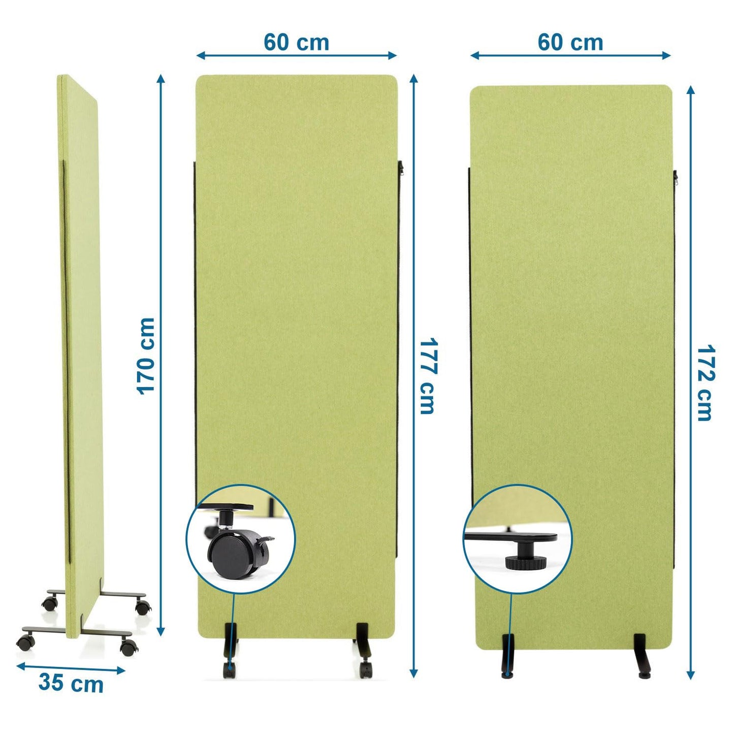 hjh OFFICE Mobile Akustik Trennwand einzeln 177 x 60 cm FLEXMIUT Stoff Grün Raumteiler Mittelpanel mit Rollen & Gleiter 891005