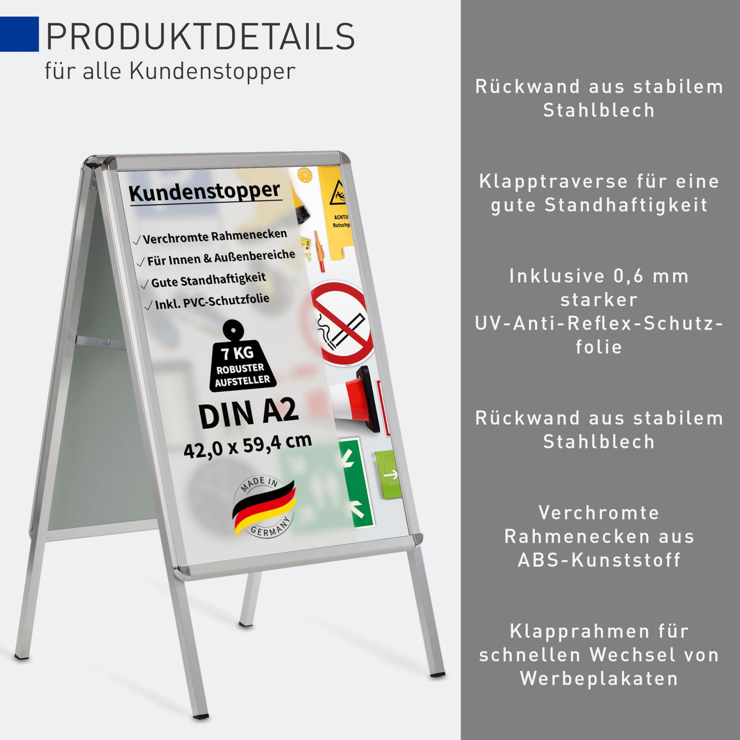 Kundenstopper Gehwegaufsteller Werbetafel | für zwei Plakate | Aluminium Plakatständer | inkl. PVC Schutzfolie (A1 B59,4,0 x H84,1 cm)