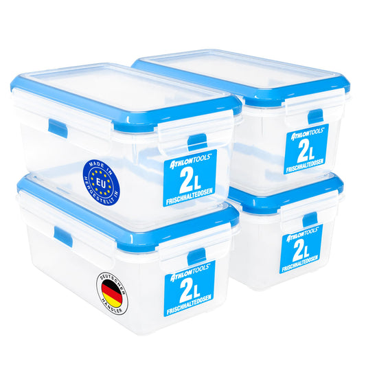 ATHLON TOOLS 4x 2L Frischhaltedosen-Set in Gastro-Qualität - 100% luftdicht und auslaufsicher -40 bis +100 Grad - für alle Lebensmittel - BPA-frei - Vorratsdosen für Kühlschrank [MADE IN EU]