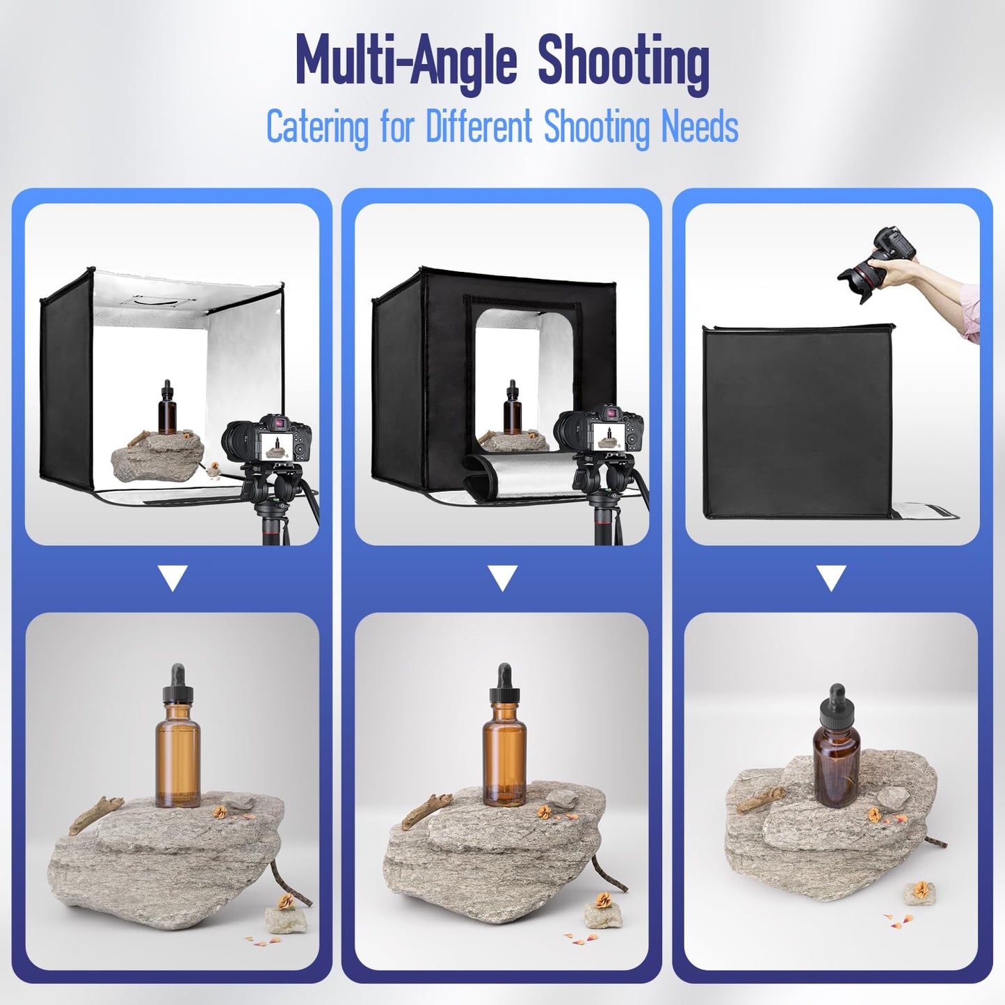 EMART Fotobox 50x50cm, Dimmbare Fotostudio Set mit 5 Produktfotokulissen und 3 Farben Licht, für Lebensmittel Schmuck Produktfotografie