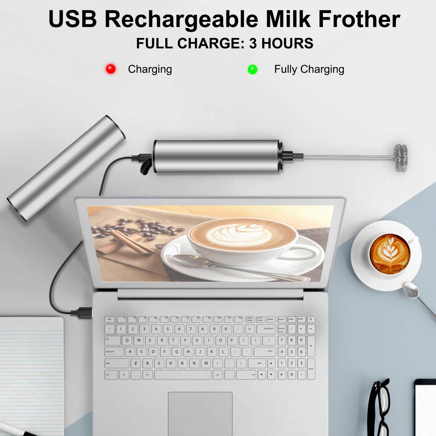 MOSUO Elektrischer Milchaufschäumer, wiederaufladbar, USB und Mini-Handmixer mit Doppel-Schneebesen, Mixer aus Edelstahl für Kaffee, Creme, Cappuccino, Latte, Cocktails, Saft