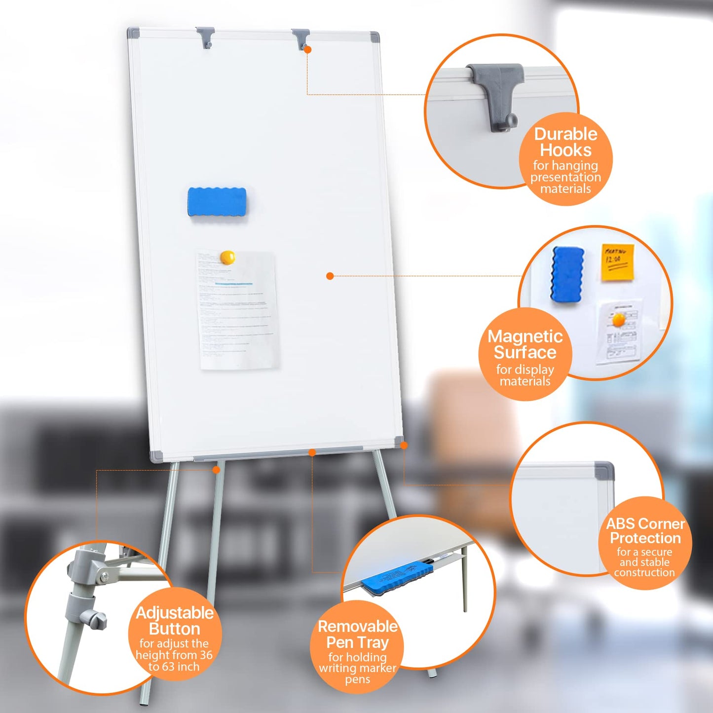 MAKELLO Flipchart 90x60cm, Whiteboard mit Ständer, Höhenverstellbar, Trocken Abwischbar, Tragbare, Magnetische, Flipcharts für Büro