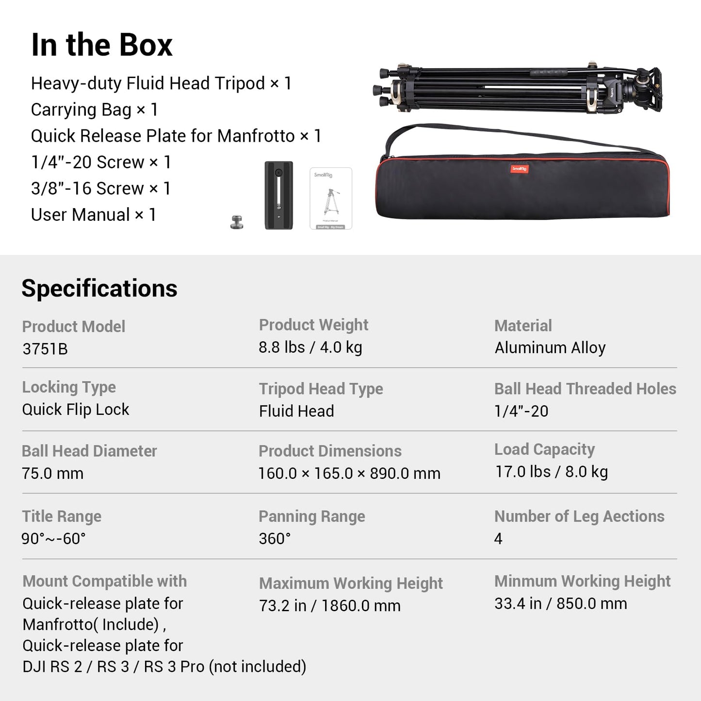 SMALLRIG Videostativ, 73-Zoll (186 cm) Heavy Duty Tripod Hochleistungs Stativ mit 360-Grad-Fluidkopf und Schnellwechselplatte für DSLR, Camcorder, Kameras, Belastbarkeit 8 kg - 3751B