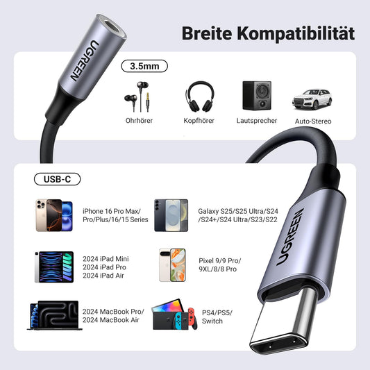 UGREEN USB C Klinke Adapter Aux USB C auf 3.5mm Kopfhörer Adapter mit DAC Chip kompatibel mit iphone16/16pro/16pro max, Galaxy S 25 Serie, iPad, P60/50/40/Mate 30 (Grau)