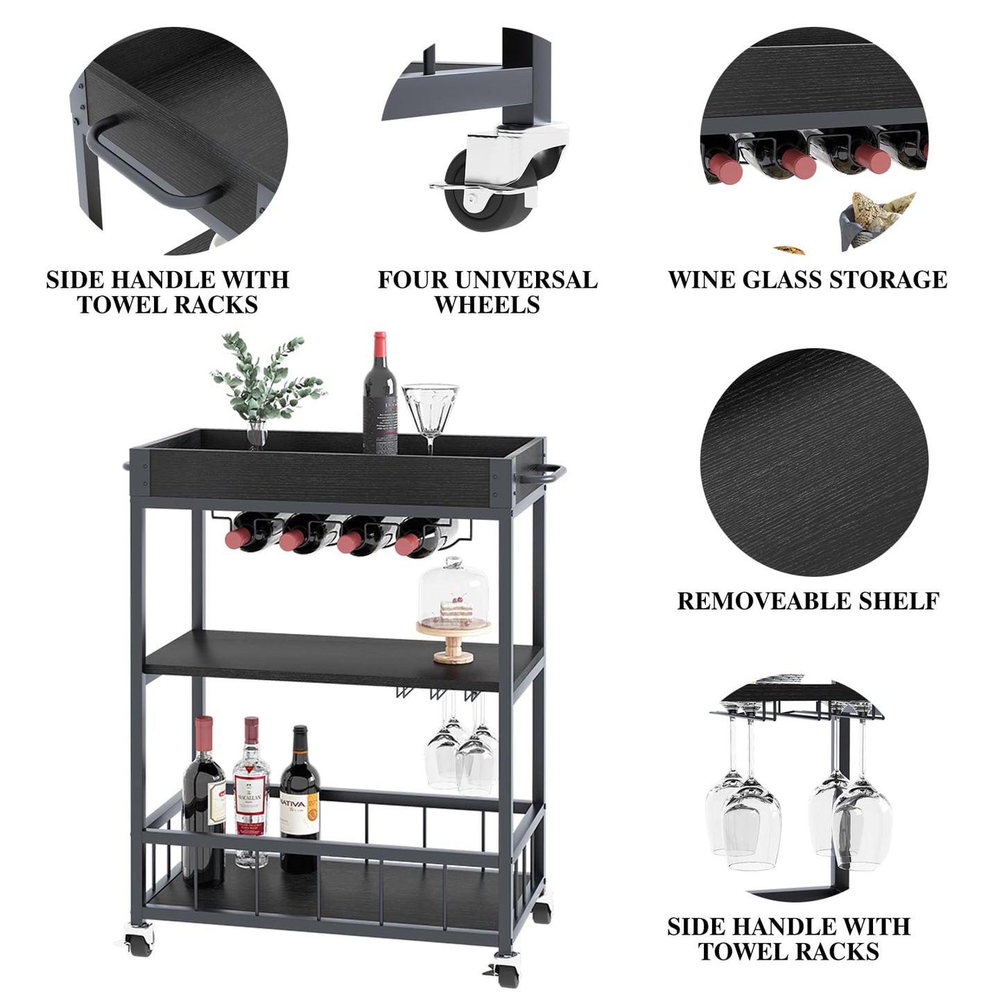 Huhote Servierwagen, Küchenwagen, Barwagen mit Rollen, Weinwagen mit Flaschenhalter, 3 Etagen, Getränkewagen für Wohnzimmer, Esszimmer, Küche, Bar, Party, Schwarz Holzmaserung