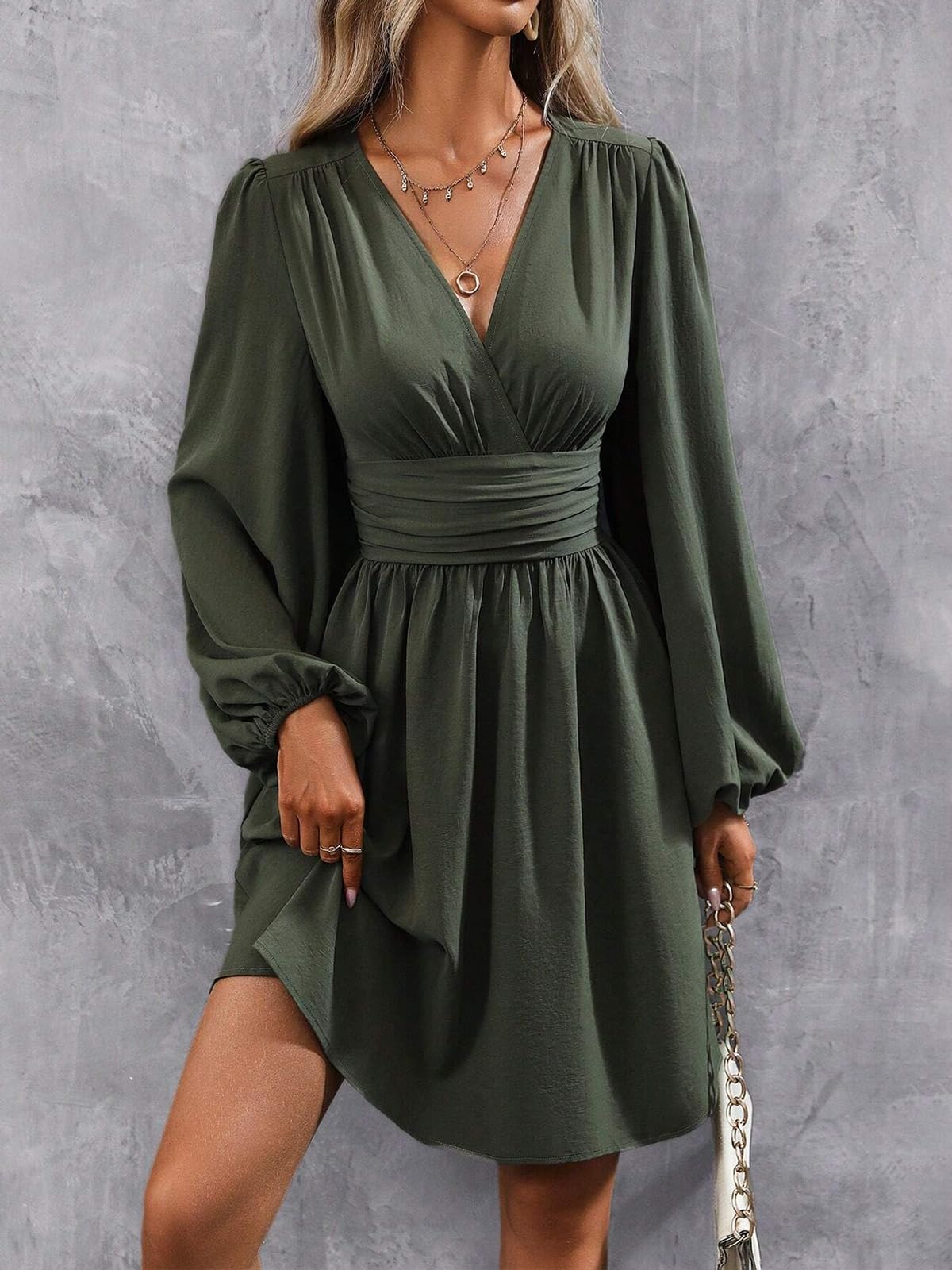 LIAMERHE Damen Elegant Kleid Langarm V-Ausschnitt Casual Kleider A-Linie Winterkleider Blumenmuster Minikleid Freizeitkleider Herbst Winter Laternenärmeln Kleid Partykleid Grün XL