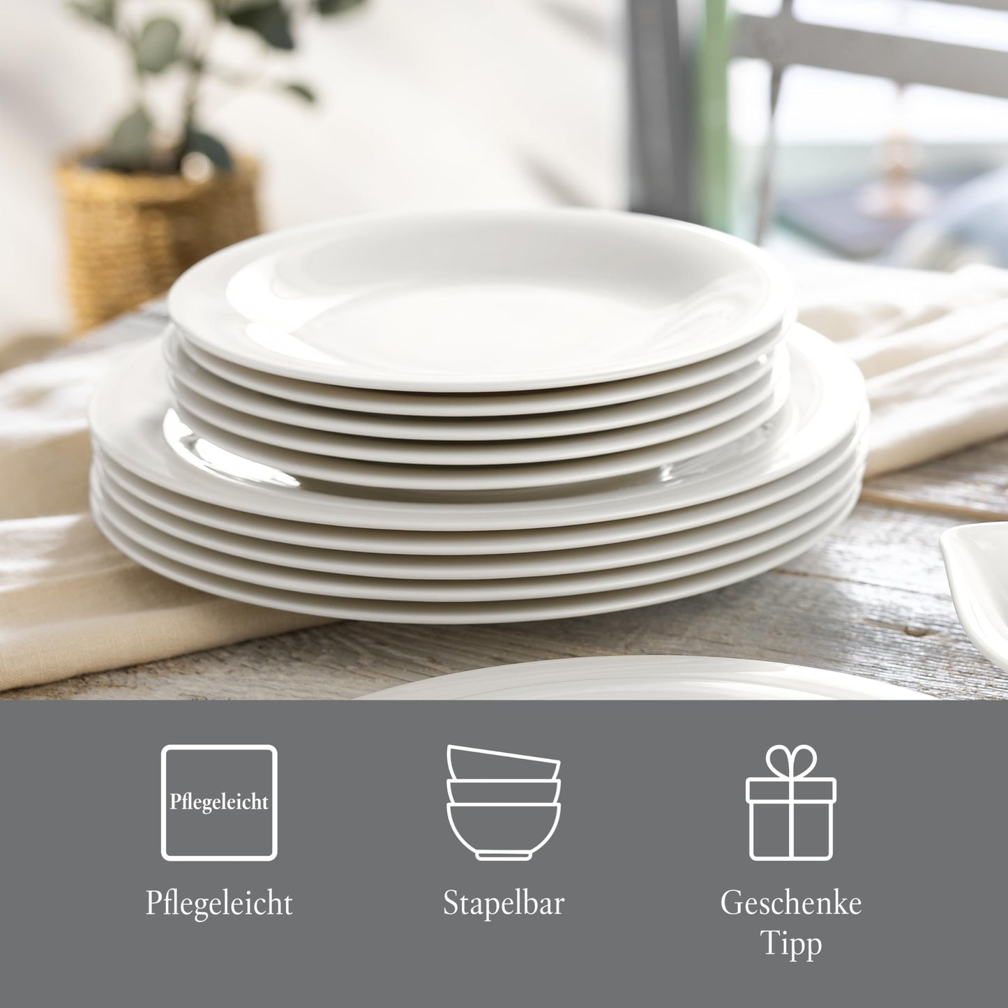 vivo – Villeroy & Boch Group – Essential White Dinner Set 18 tlg. Weiß, Spülmaschinenfest, Mikrowellensicher, Geschirr Set für 6 Personen, Müslischalen, Speiseteller, Dessertteller, Premium Porzellan