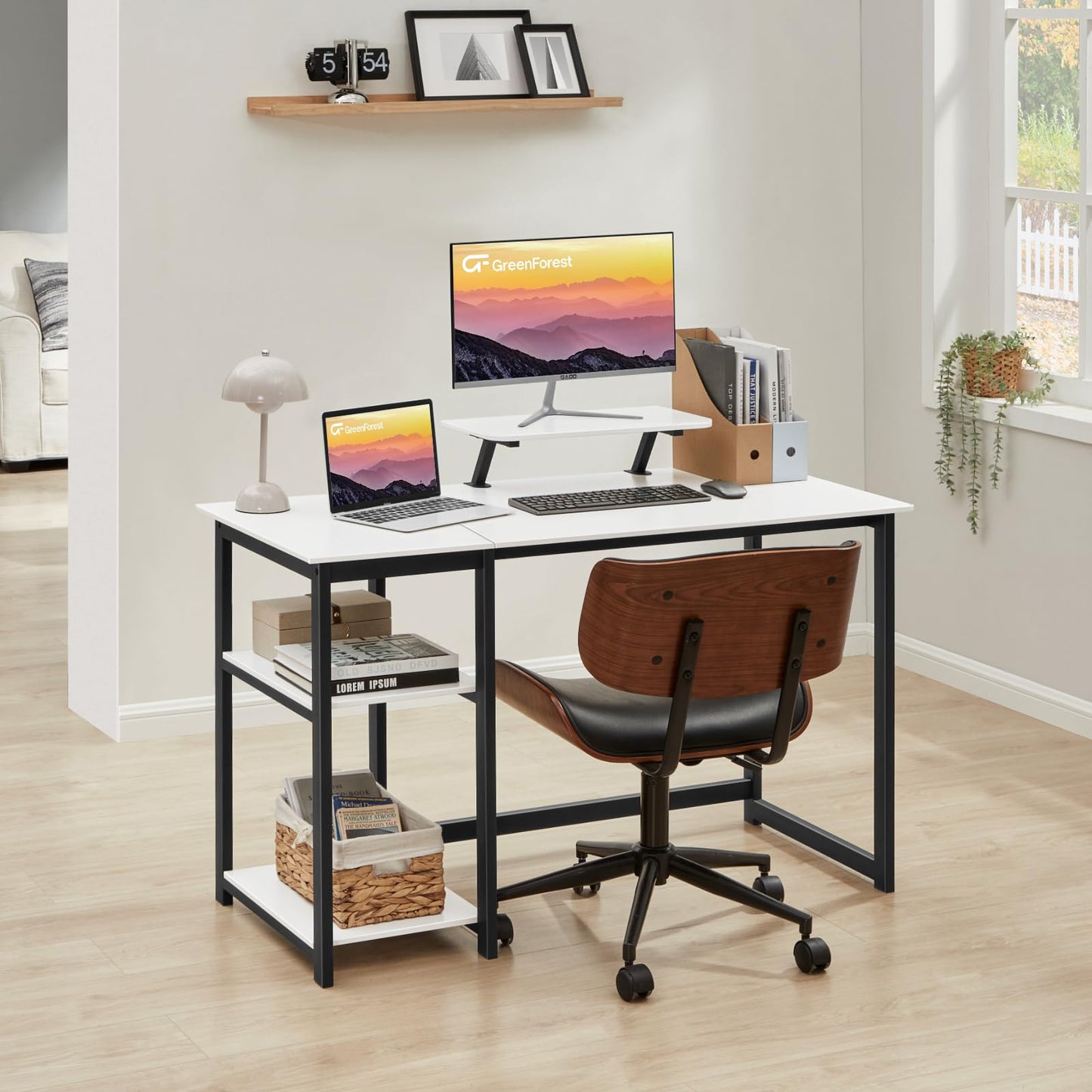 GreenForest Kleiner Schreibtisch Weiß, Bürotisch Schreibtisch mit Stauraum, 100cm Computertisch PC Schreibtisch Klein Weiß mit Monitorständer für Home Office