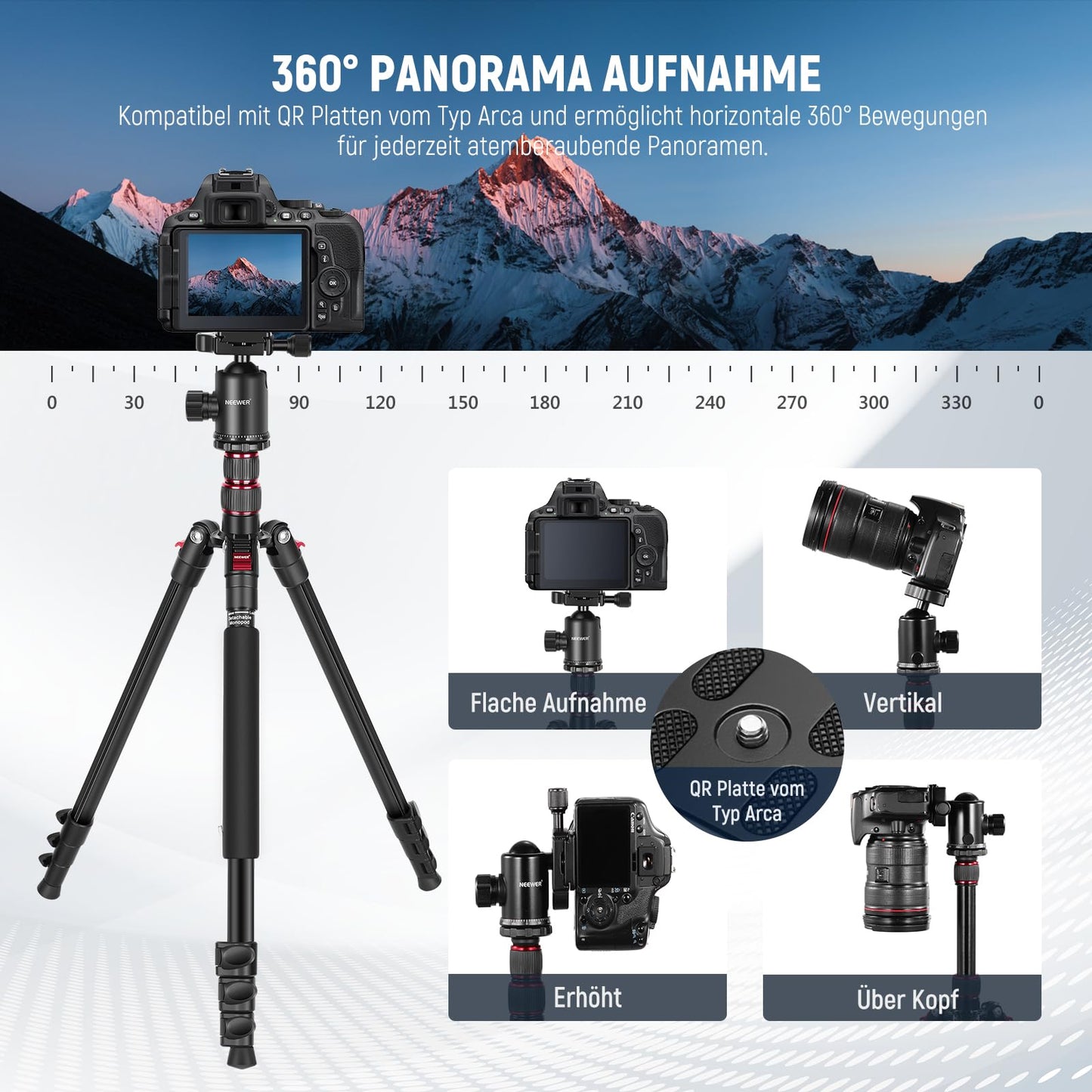 NEEWER 77" Kamerastativ Einbeinstativ für DSLR, Telefon mit 360° Panoramakugelkopf, 2 Achsen Mittelsäule, Arca Typ QR Platte, kompaktes Aluminium Leichtgewicht Reisestativ 34lb(Max), Tasche inklusive