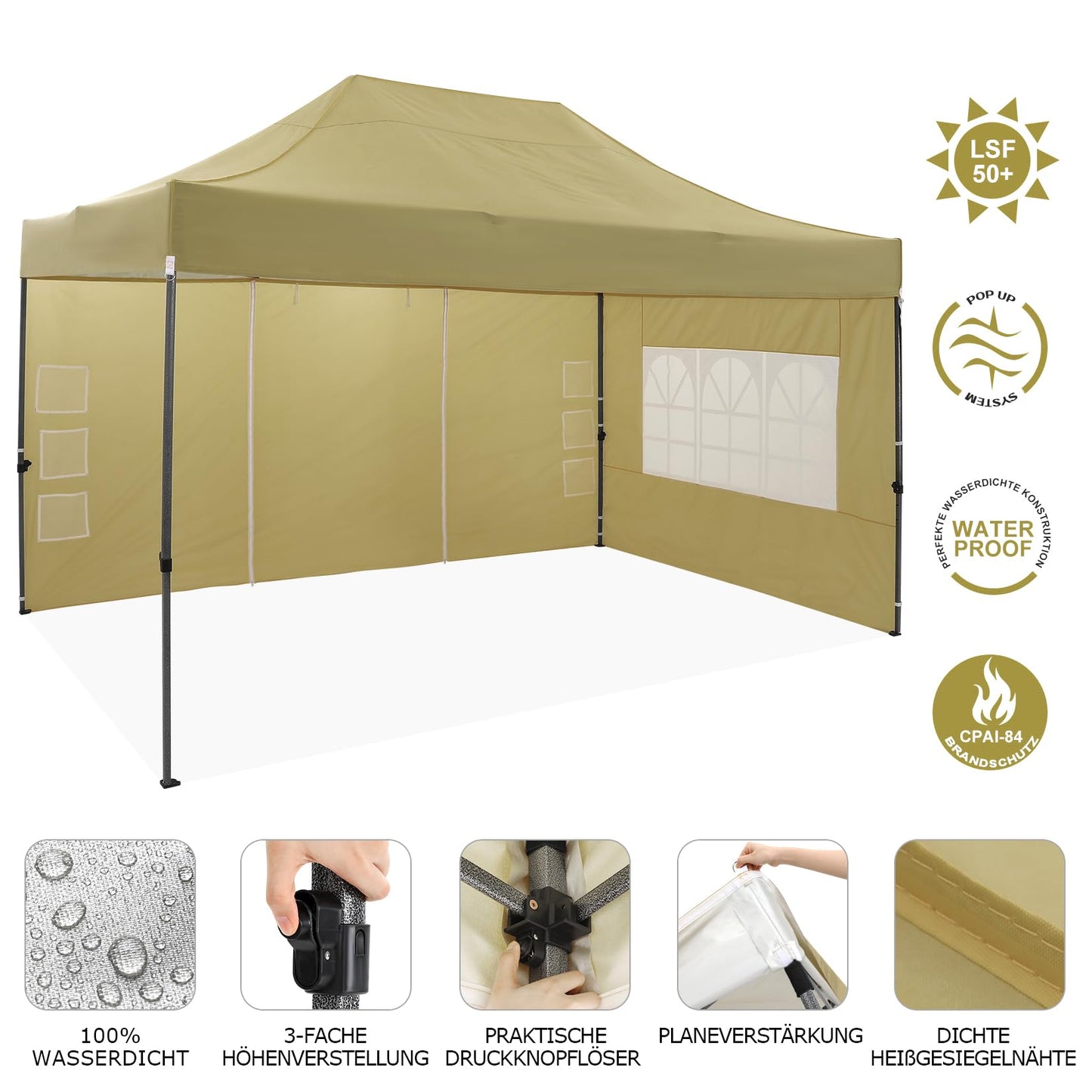 COBIZI Pavillon 3x4,5 wasserdicht stabil Winterfest 2.0, Pavillon 3x4,5 Faltpavillon 3x4,5 Partyzelt, Gartenpavillon UV Schutz mit 3 Seitenteilen Festival Partyzelt Sonnenschutz Pavillon, Khaki