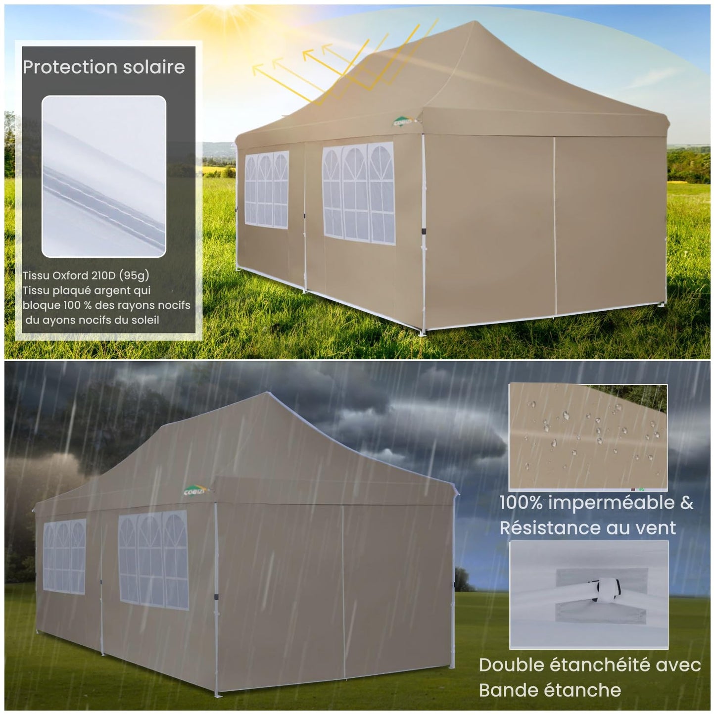 COBIZI Pavillon 3x6,Faltpavillon 3x6 Wasserdicht Stabil, Partyzelt mit 6 Seitenwänden, Upgrade-Hochdach und Tragetasche, Outdoor Pop Up Gartenpavillon für Fest, Hochzeit, Picknick, Markt, UV 50+