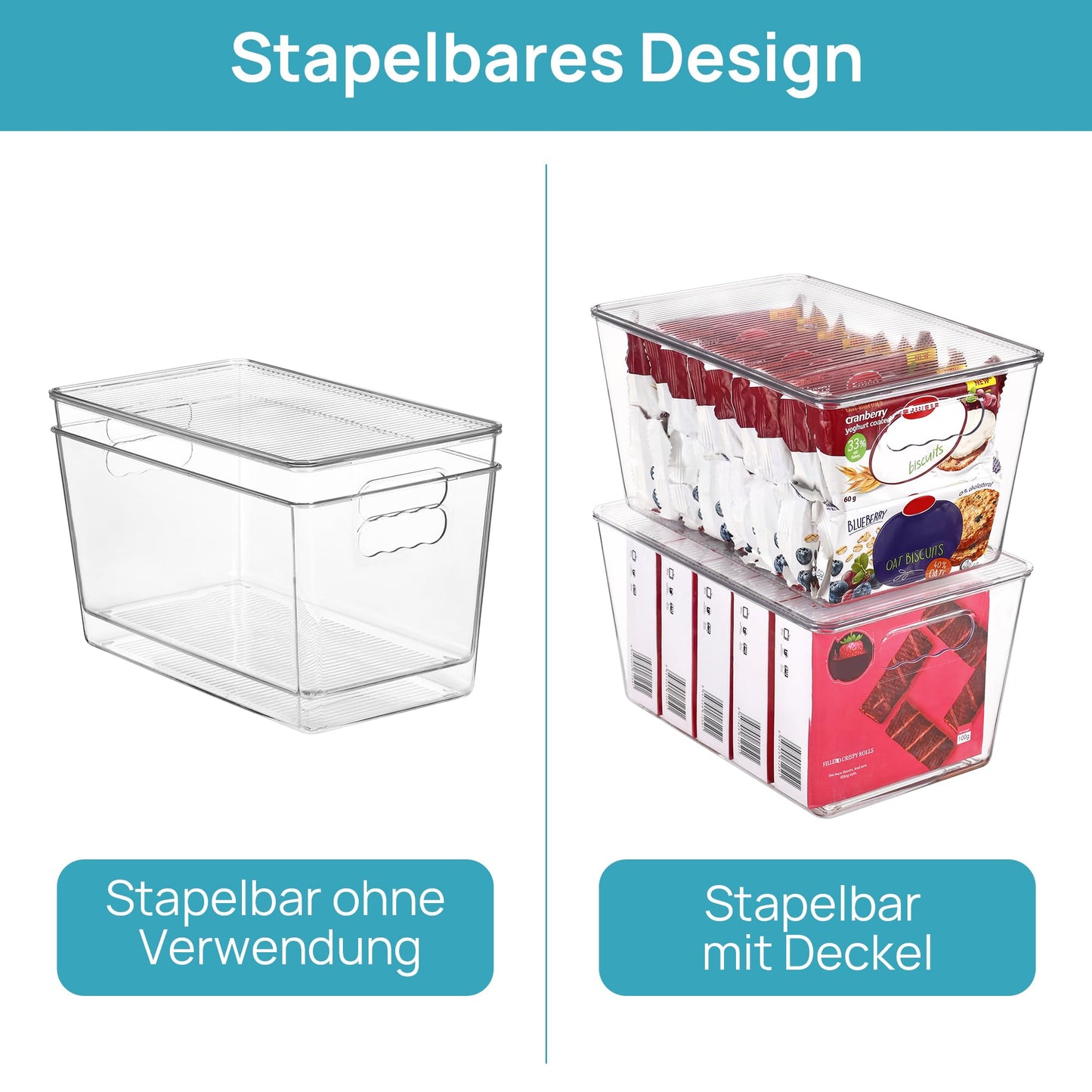 Vtopmart 6 Stück Aufbewahrungsboxen mit Deckel, stapelbare Kunststoffboxen zur küche aufbewahrung & Organisation, perfekt für Bad, Schrank, Küche, Kühlschrank, Schrankorganisation（L）
