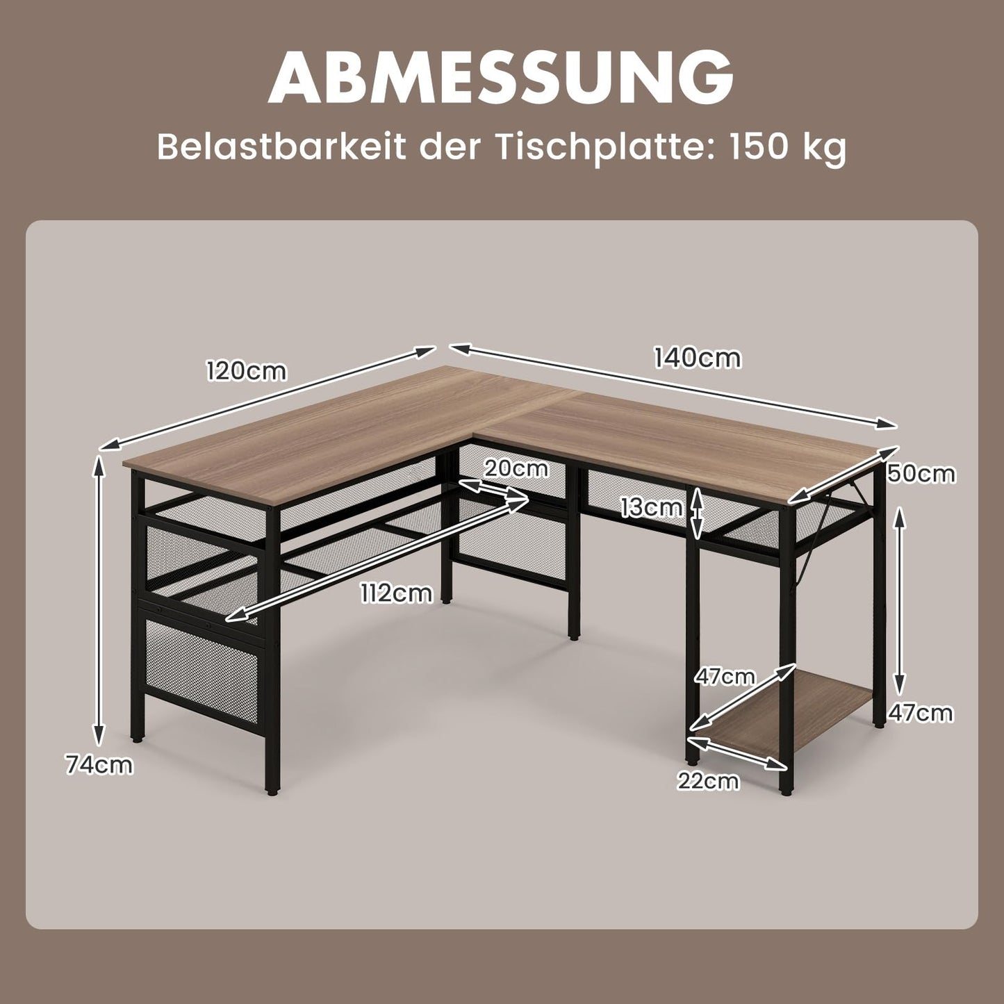 COSTWAY L-förmiger Schreibtisch, reversibler Eckschreibtisch mit Gitterregalen & CPU-Ständer, Ecktisch, Computertisch, Bürotisch für Home Office, 140 x 120 x 74 cm