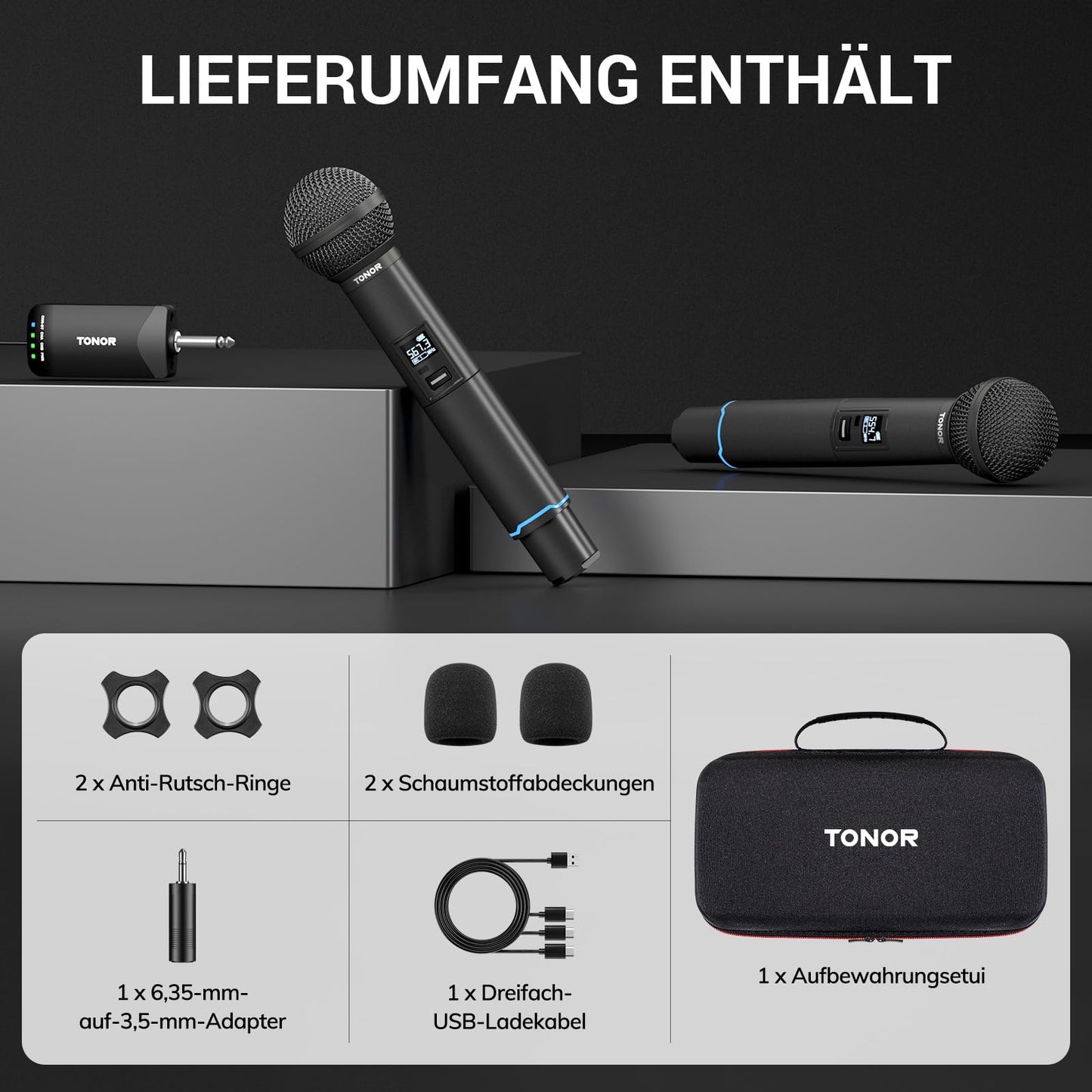 TONOR Mikrofon Kabellos, Bluetooth Wiederaufladbares Funkmikrofon, Metall UHF Drahtloses Mikrofon Set, 2x25 Einstellbare Wireless Microphone für PA Anlage Karaoke Hochzeit Party Konferenz 100m, TW720