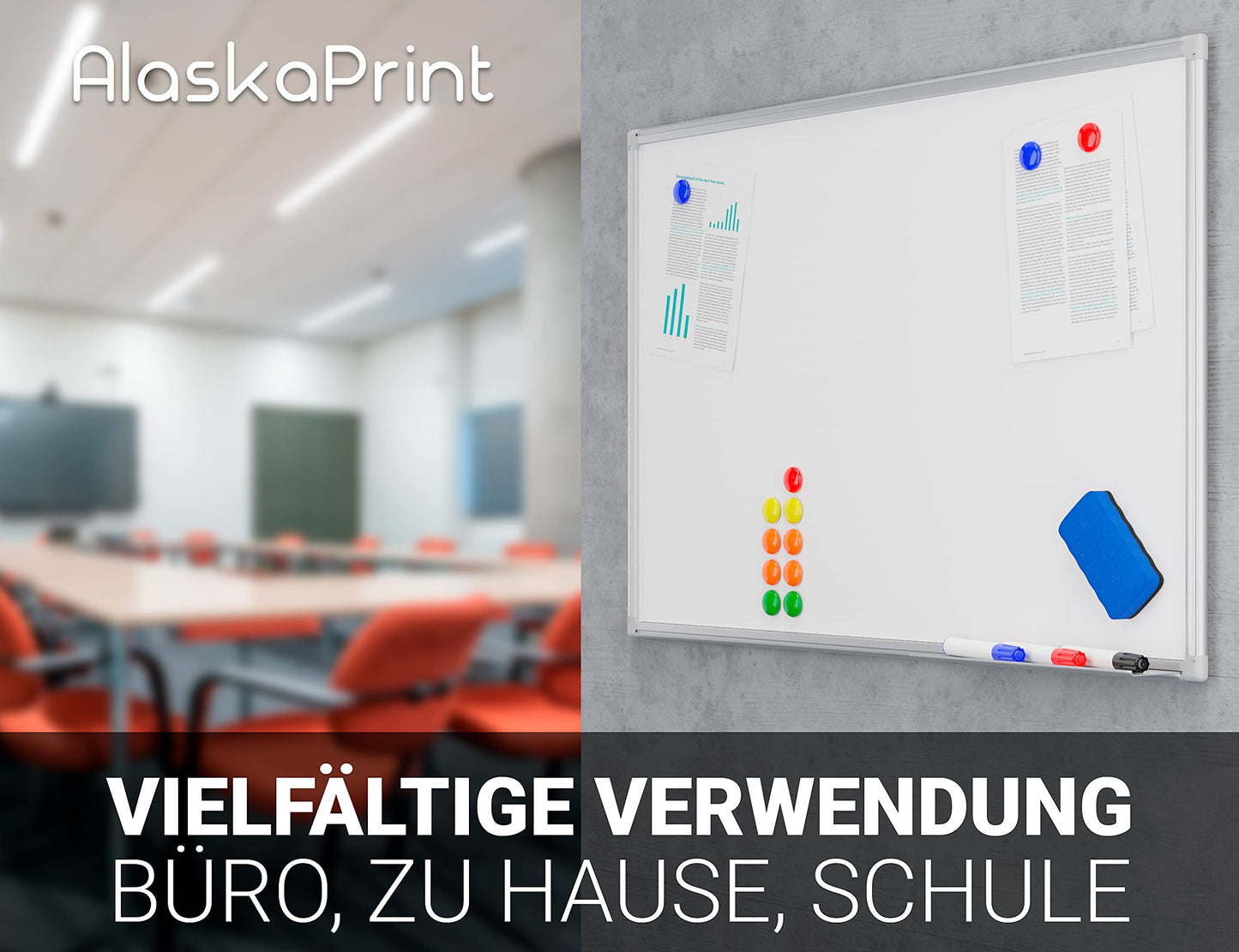 Alaskaprint Whiteboard magnetisch Magnettafel Magnetwand beschreibbar Pinnwand Tafel mit Alurahmen inklusive 3 Stifte, 12 Magnete und Schwamm 60 cm x 45 cm (B x H)