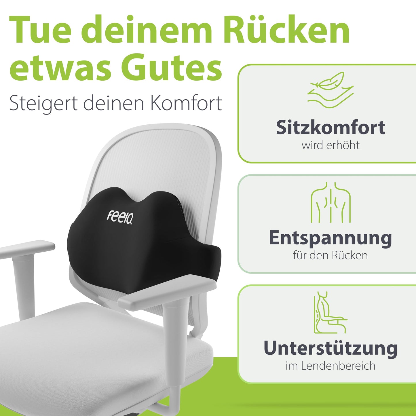 feela.® Ergonomisches Rückenkissen für Bürostuhl | Lendenkissen als Stuhlkissen für Zuhause, Büro oder Rückenstütze im Home-Office (Schwarz)