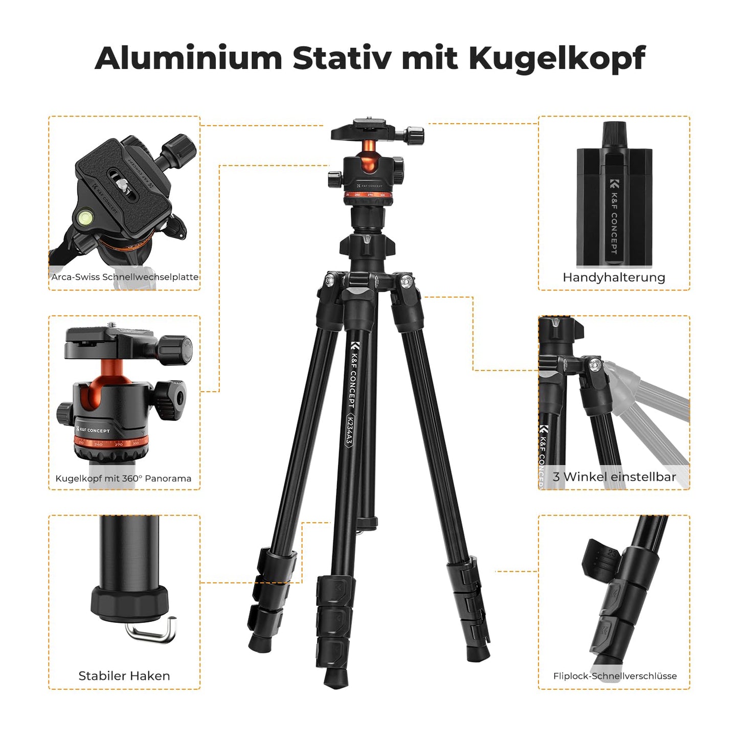 Kamera Stativ, K&F Concept Handy Stativ,178cm Stativ mit Handyhalterung, Tripod für unterwegs, Stativ für Smartphone, Aluminium Reisestativ K234A3+BH-36