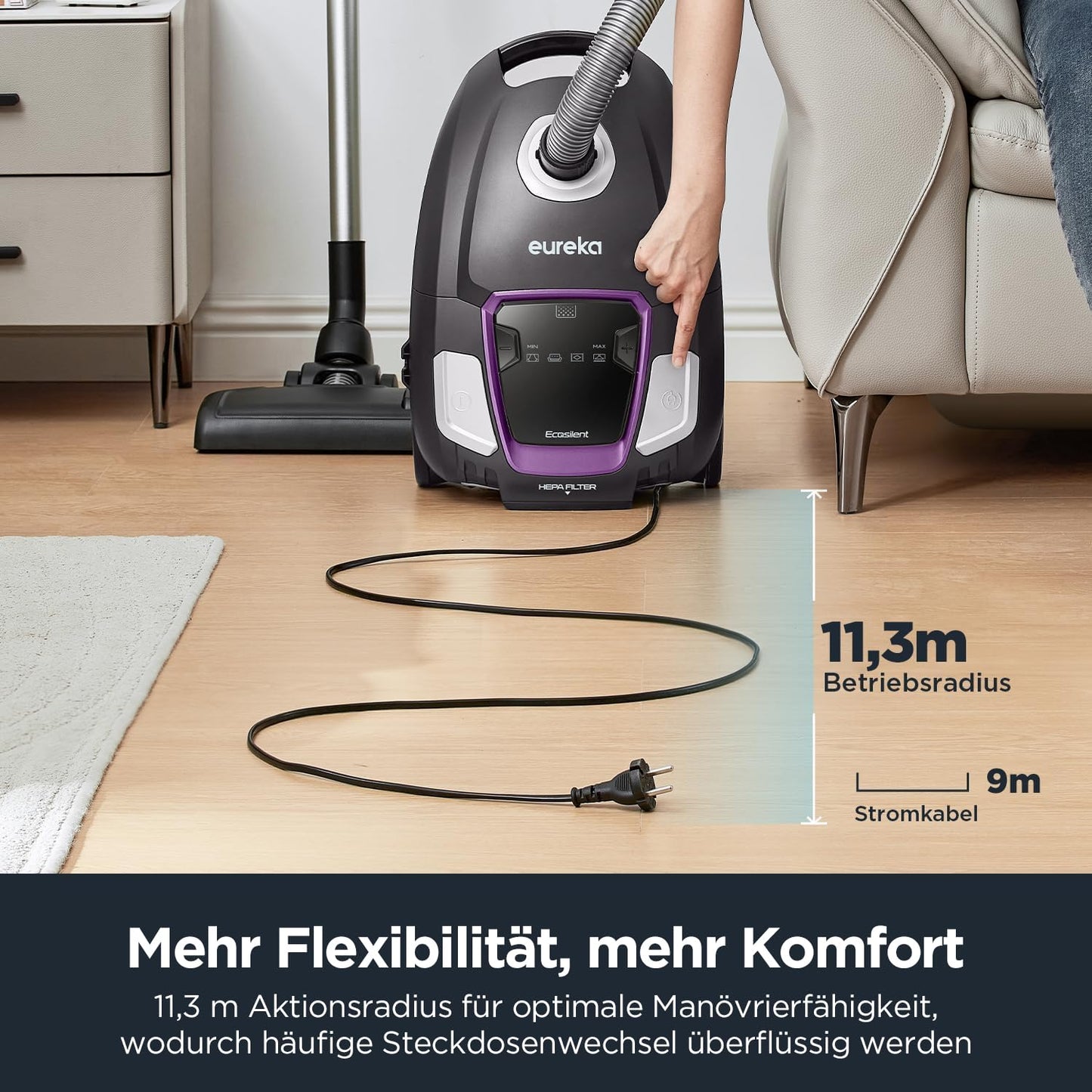 Eureka NEN300 Staubsauger mit Beutel 700W, 62 dB(A) Extreme Silence Bodenstaubsauger, Staubsauger Leistungsstarke mit Hygienefilter und Bodendüse für Hartboden, Parkett, Teppich, Fliesen, 2L