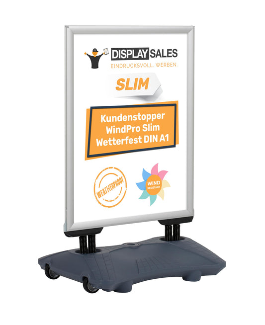 DISPLAY SALES Plakatständer WindPro® SLIM | Kundenstopper OUTDOOR in DIN A1 | Plakataufsteller A1 wetterfest in silber | Aufsteller Werbung beidseitig nutzbar für 2 Plakate