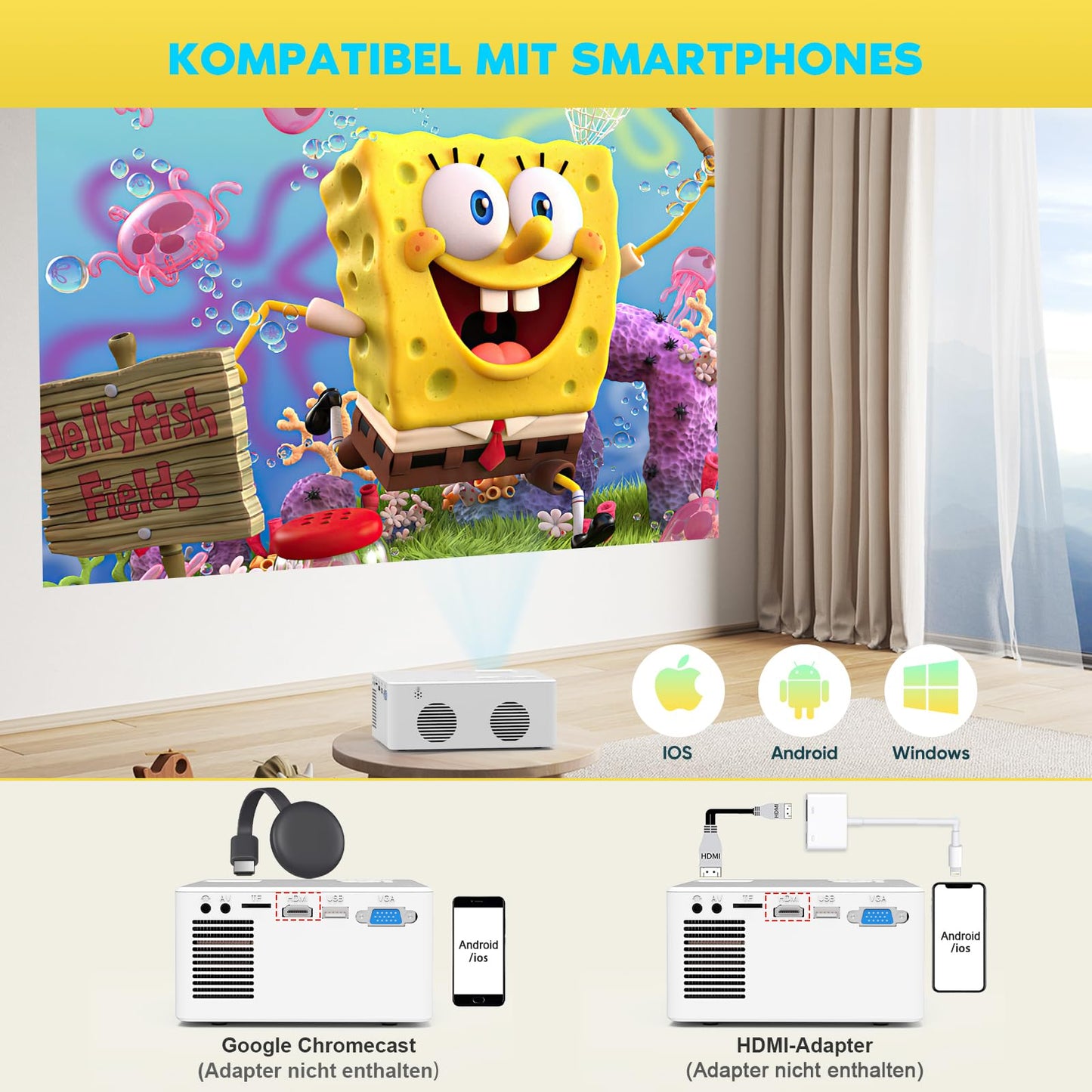 PURSHE Mini Beamer, Mini Bluetooth Projektor Full HD 1080P Tragbarer Outdoor Filmprojektor für iOS, Android, Windows, Kompatibel mit TV Stick/HDMI/Smartphone/Spielkonsole/USB [Inkl. Fernbedienung]